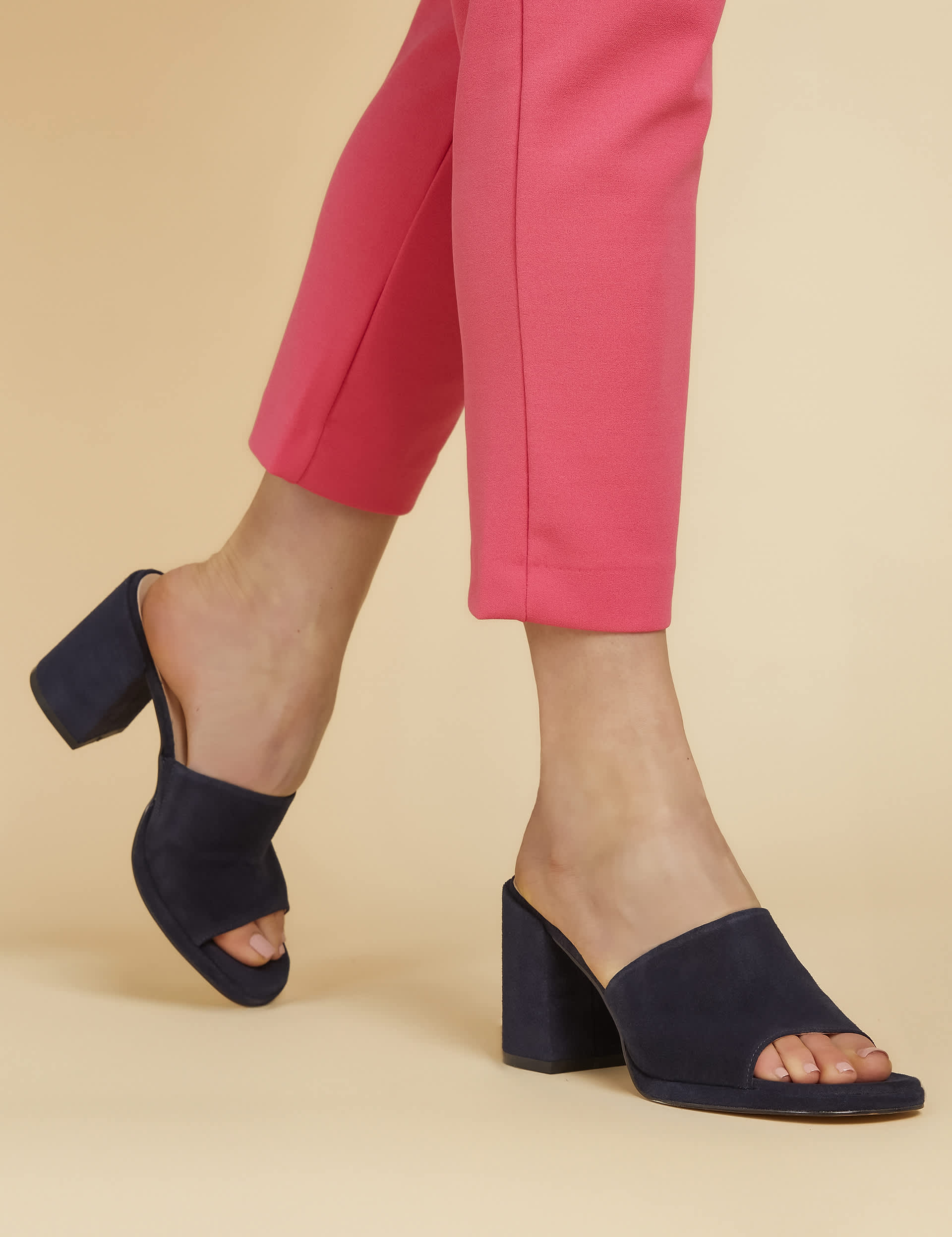 Jones Bootmaker Women's Leather Block Heel Square Toe Mules - 5 - Navy, Pink,Navy