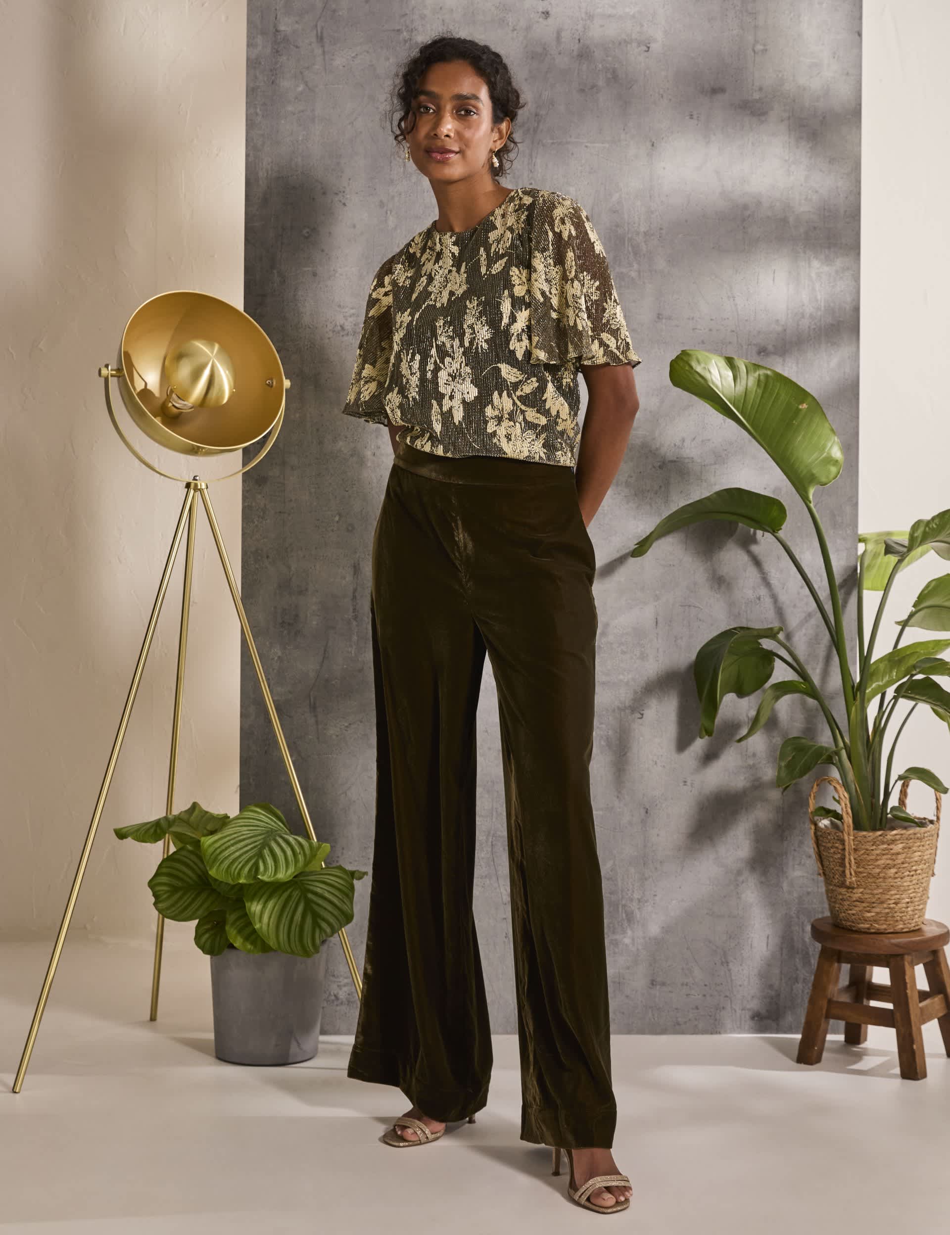 Fatface Women's Velvet Elasticated Waist Wide Leg Trousers