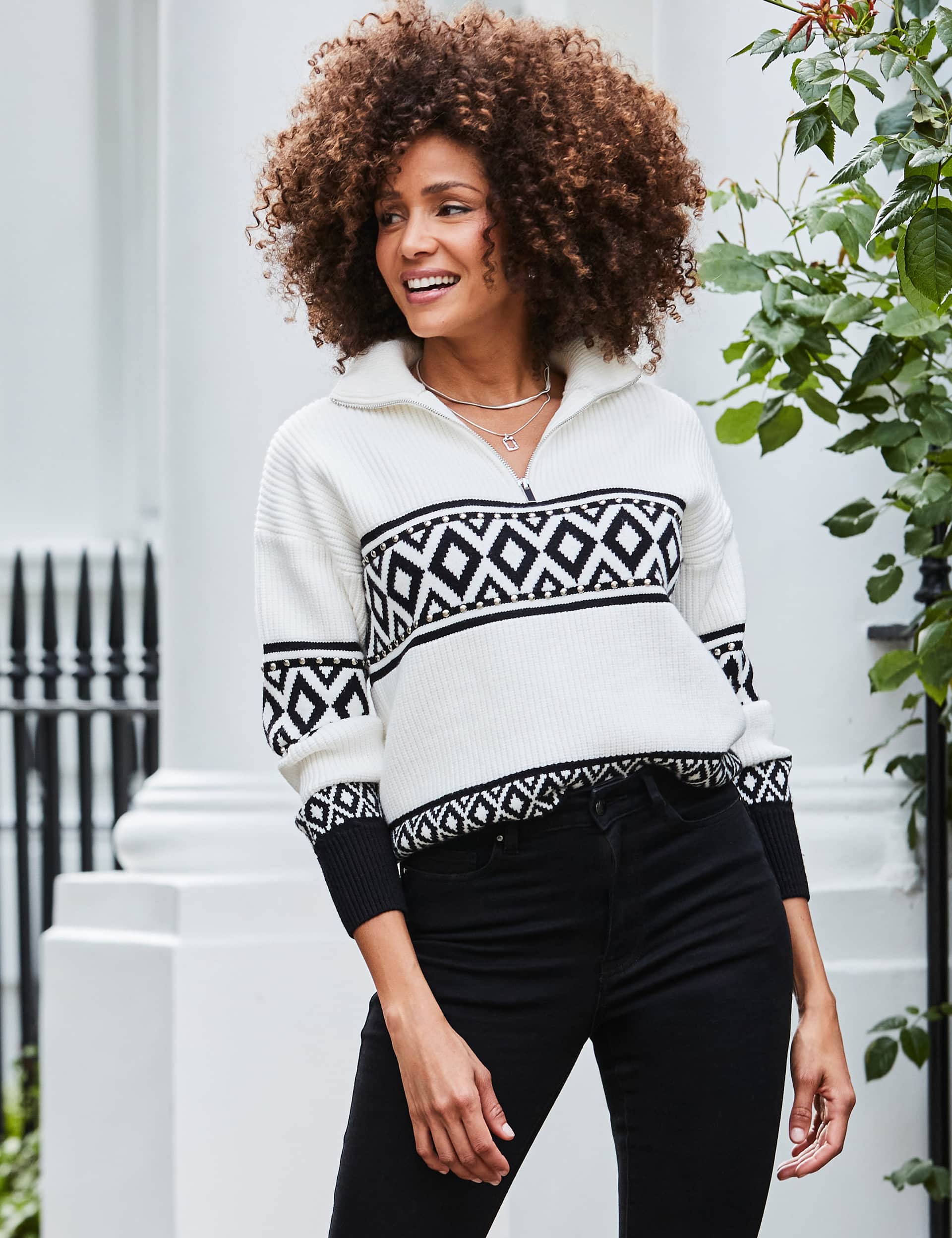 Sosandar Women's Geometric Roll Neck Zip Detail Jumper