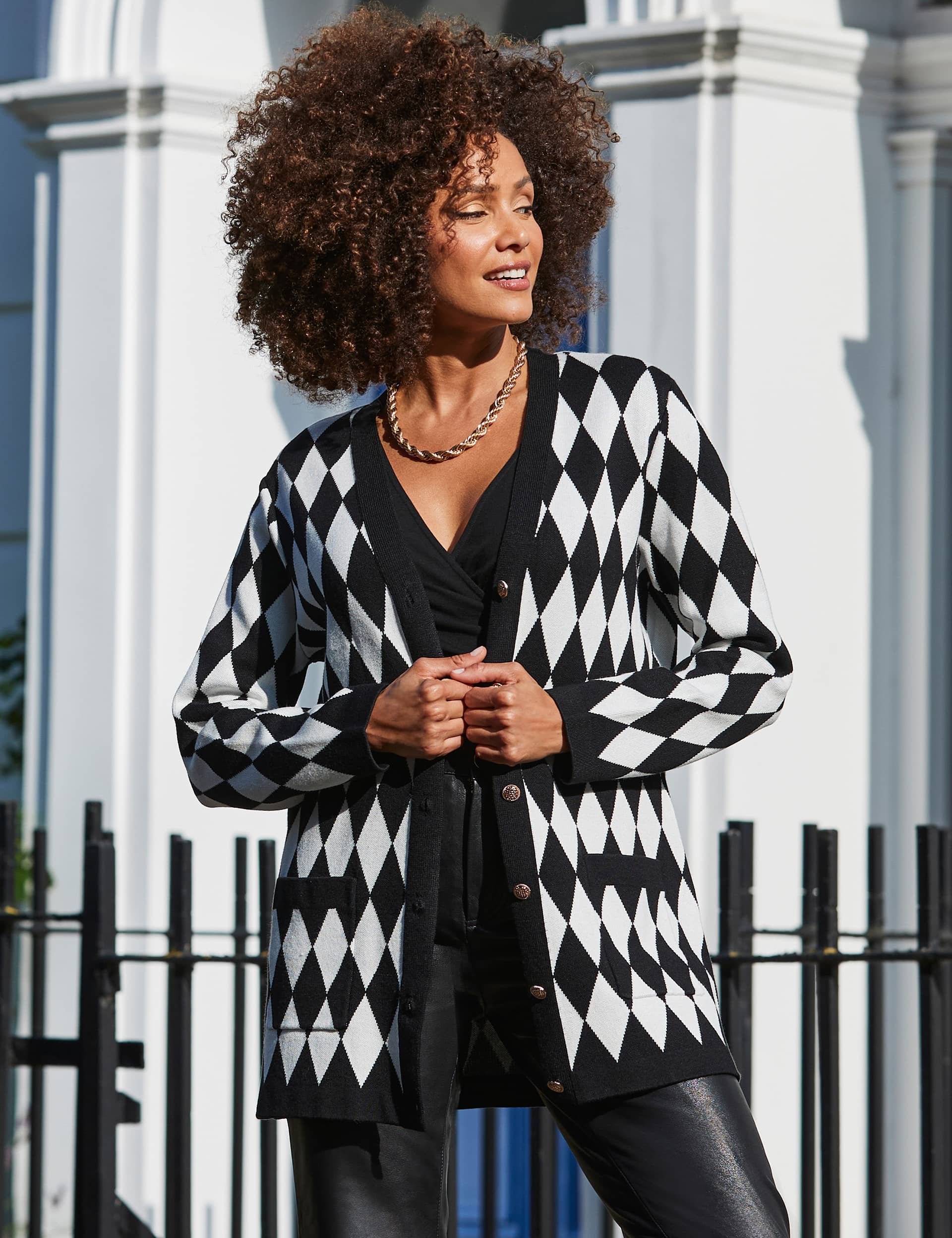 Sosandar Women's Argyle Longline Cardigan - M - Black Mix, Black Mix