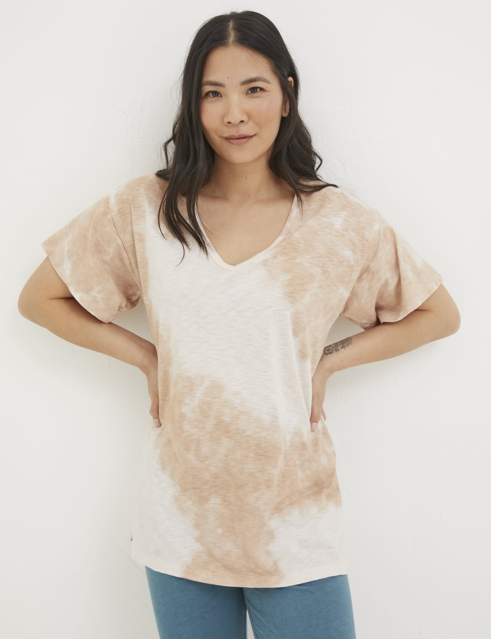 Fatface Women's Cotton Rich Tie Dye V-Neck Relaxed T-Shirt