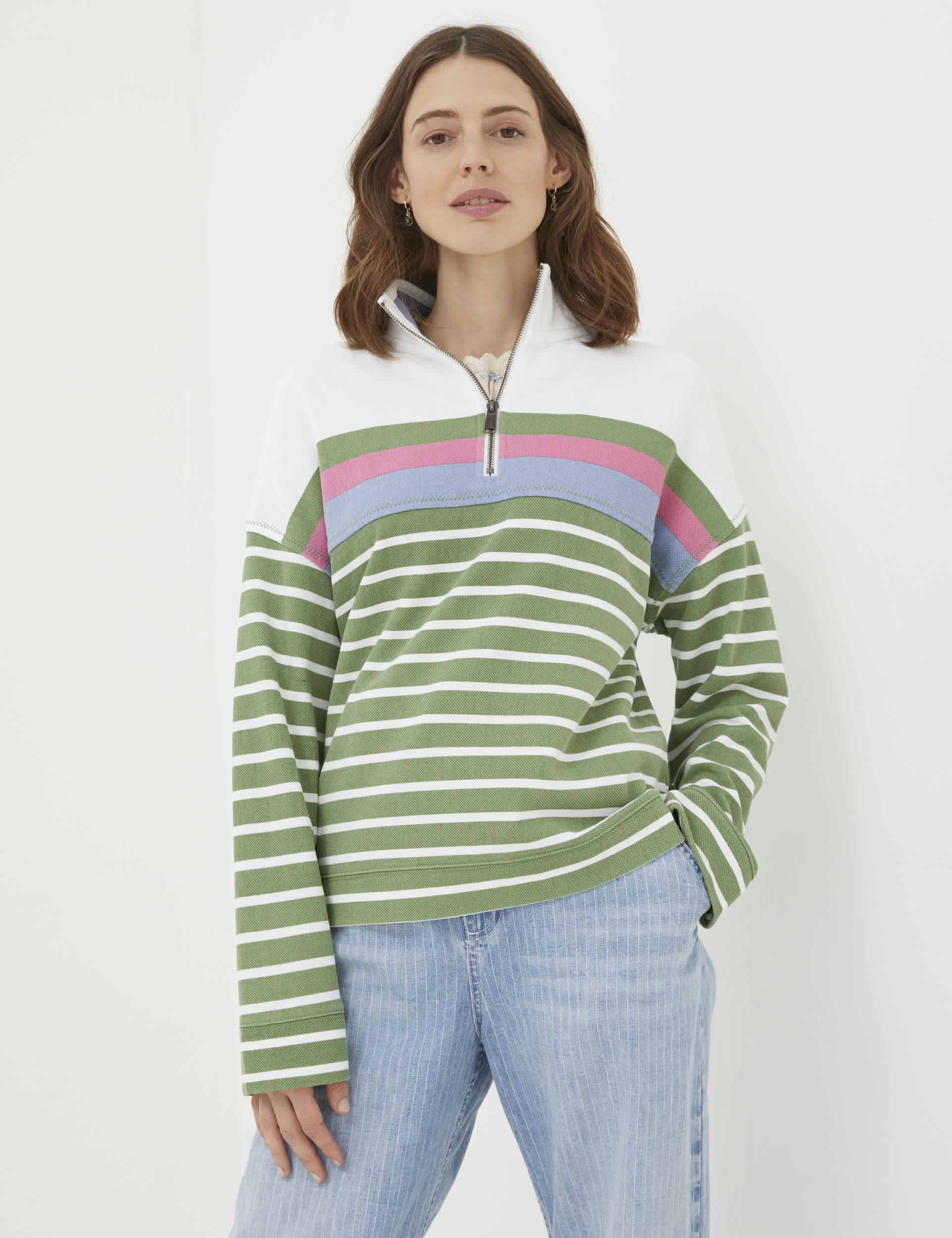 Fatface Women's Pure Cotton Striped Half Zip Relaxed Sweatshirt - 12 - Green Mix, Green Mix