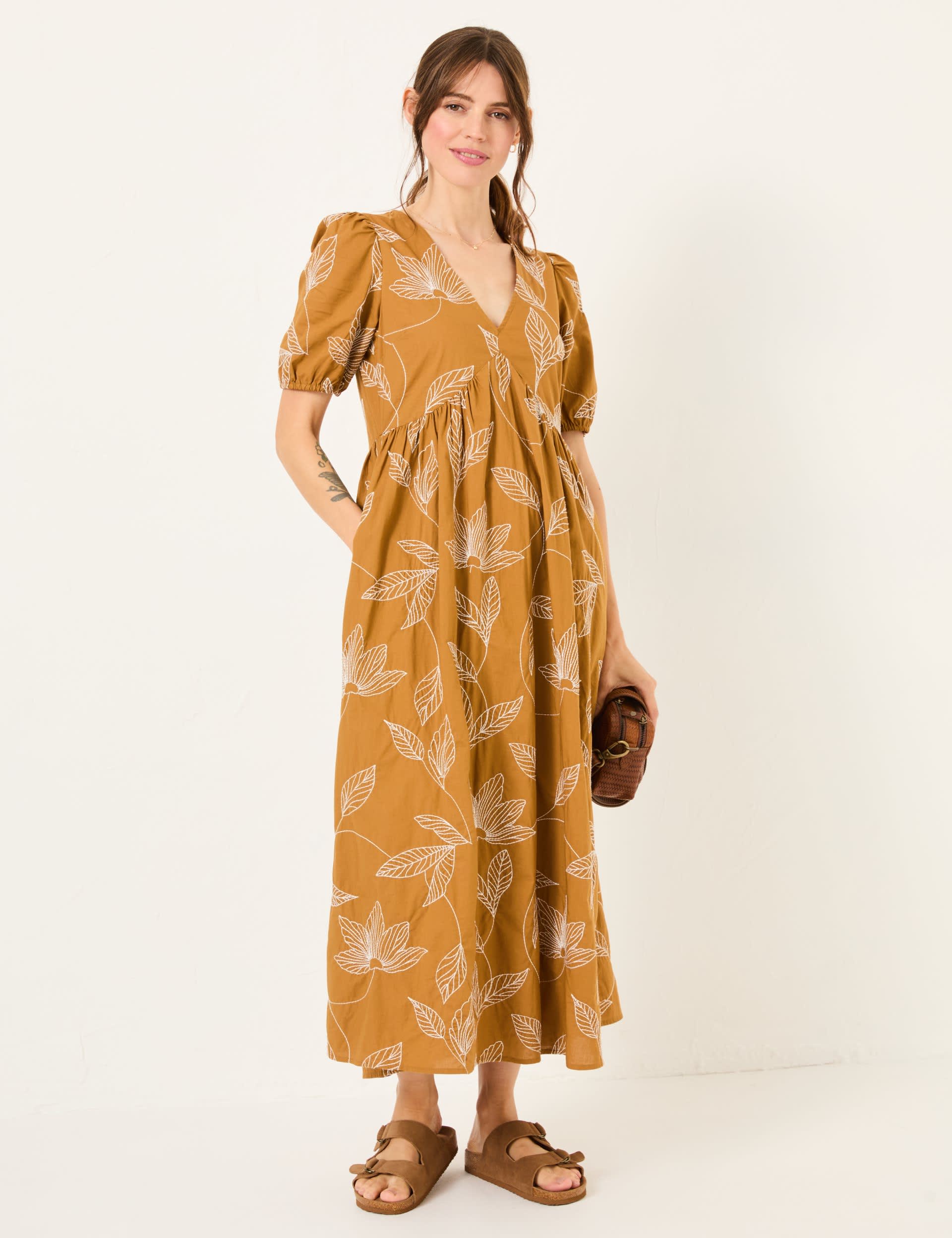 Fatface Women's Pure Cotton Leaf Print V-Neck Midi Dress - 14REG - Yellow Mix, Yellow Mix