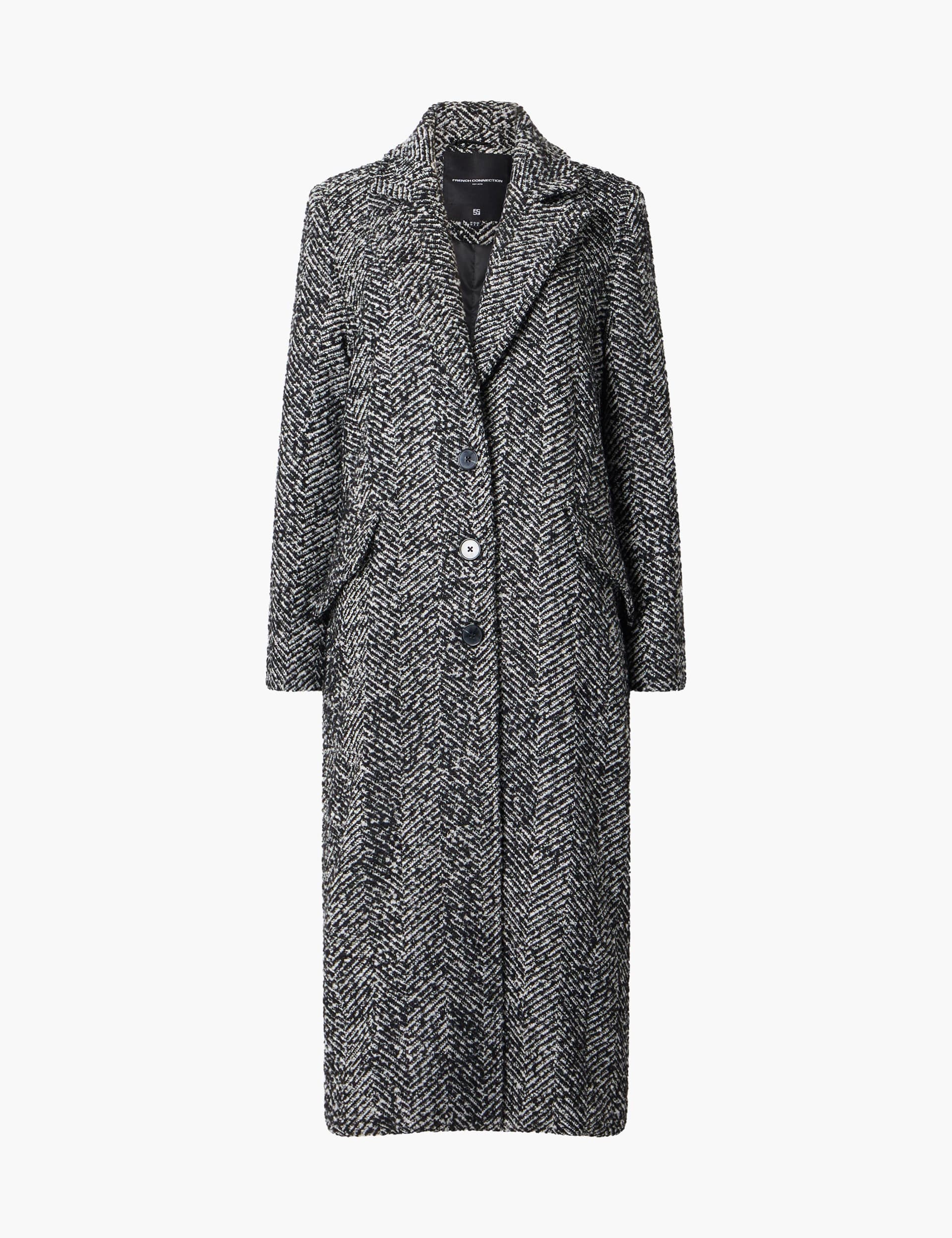 French Connection Women's Herringbone Longline Trench Coat with Wool - S - Black Mix, Black Mix