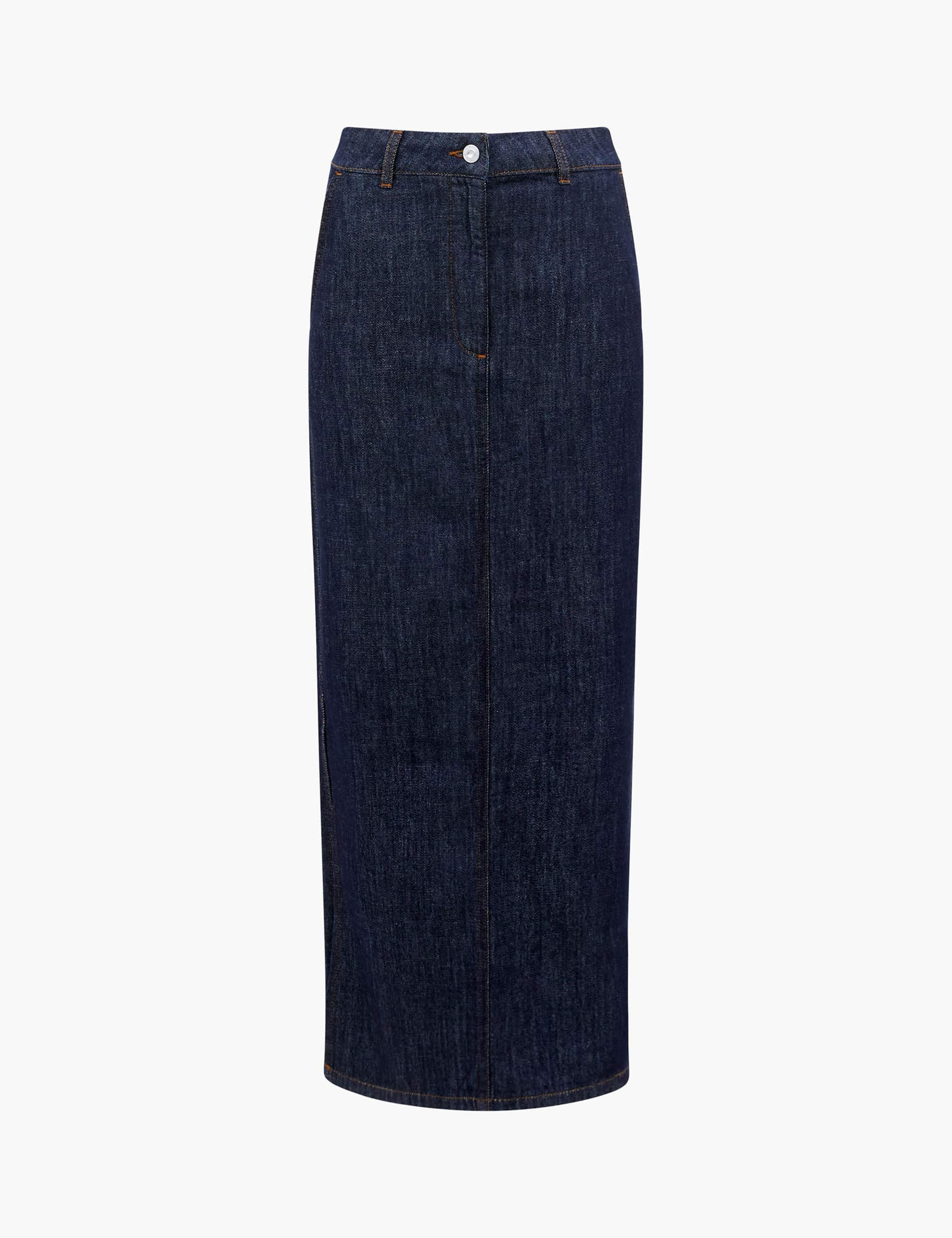 French Connection Women's Denim Side Split Maxi Skirt - 8 - Blue Denim, Blue Denim