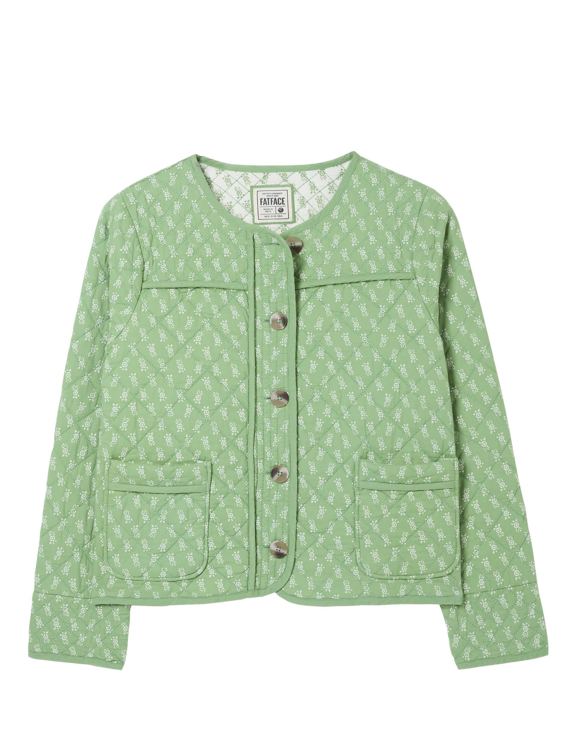 Fatface Women's Pure Cotton Printed Quilted Short Jacket - 14 - Green Mix, Green Mix