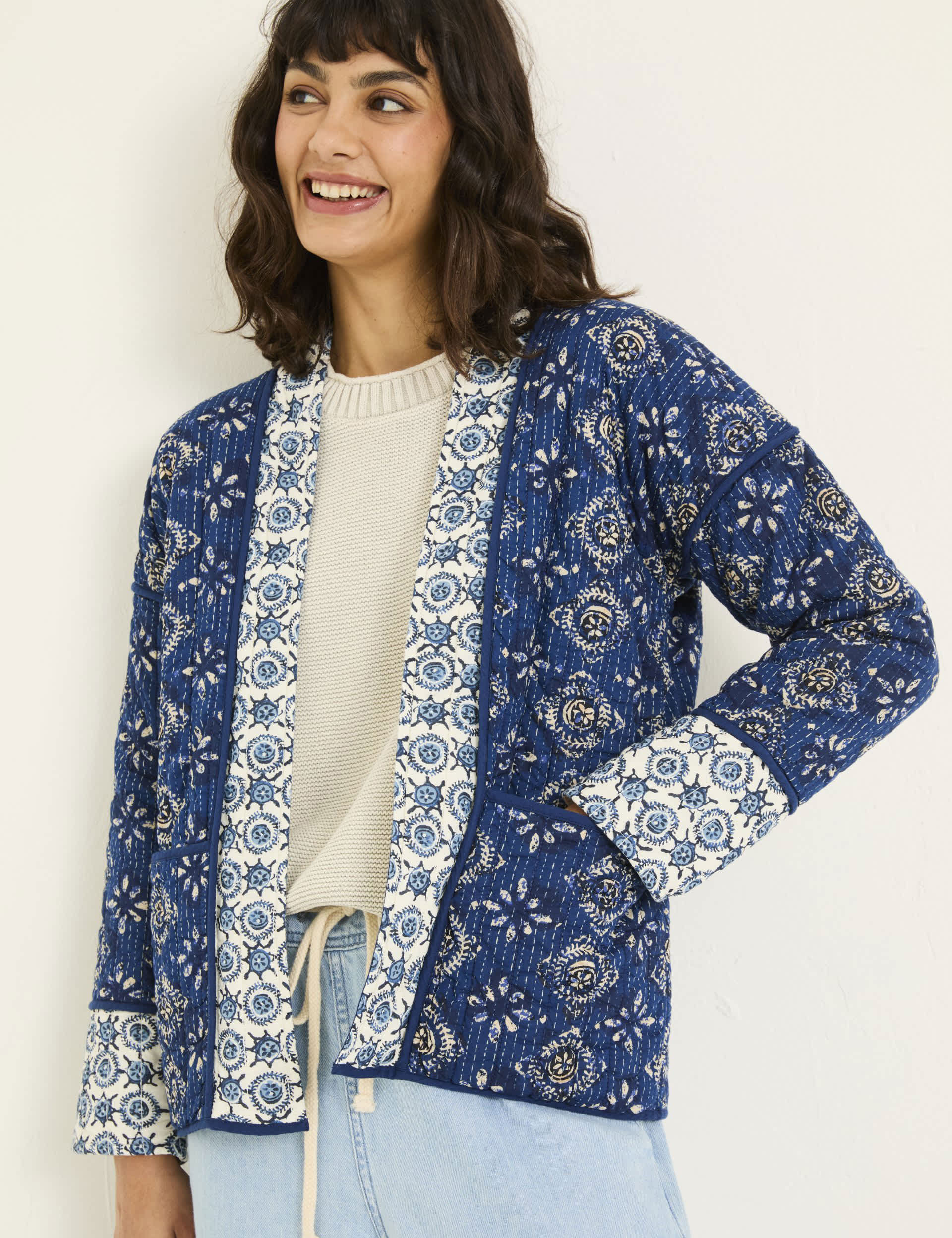 Fatface Women's Pure Cotton Floral Quilted Jacket - 14 - Blue Mix, Blue Mix