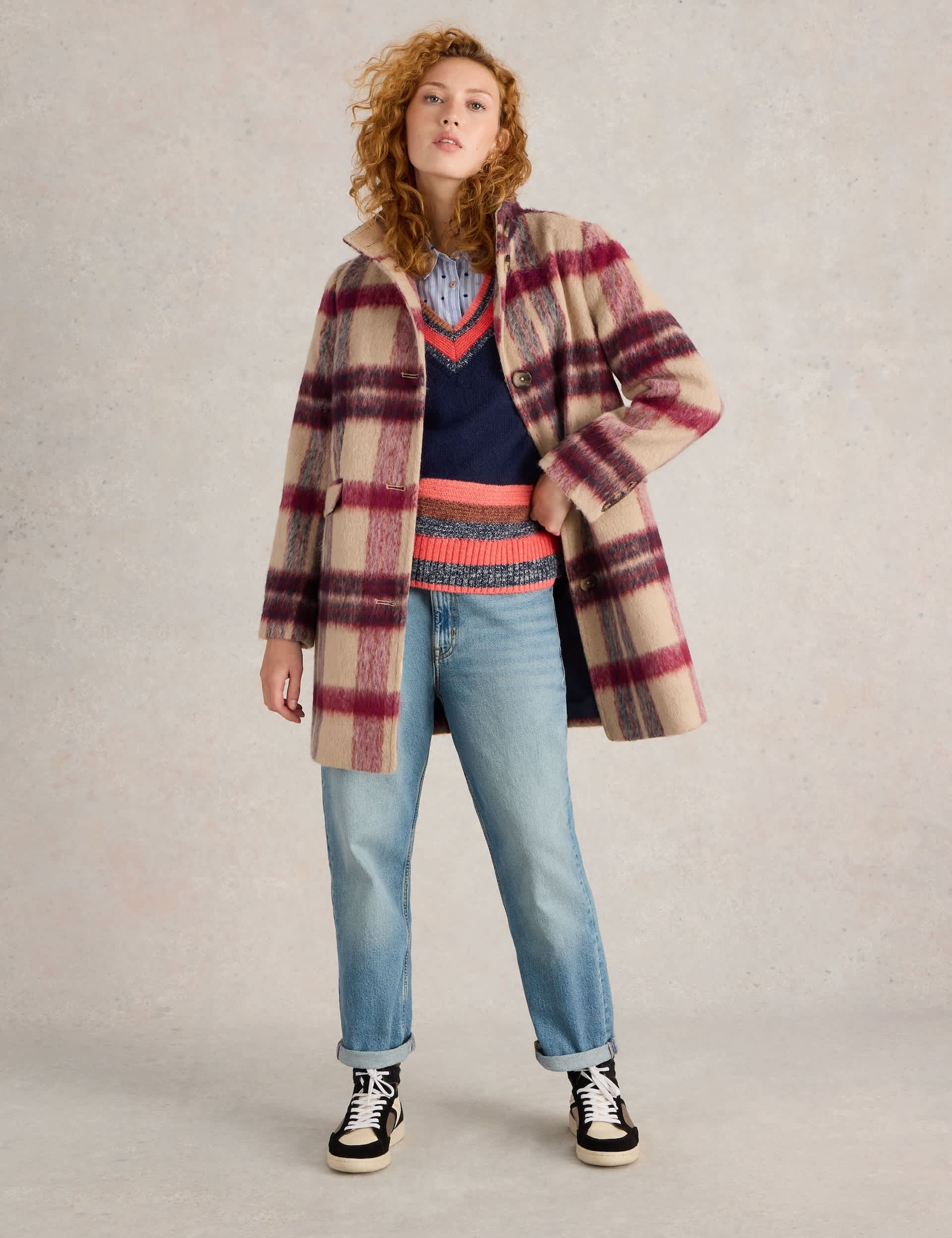 White Stuff Women's Checked Funnel Neck Coat with Wool