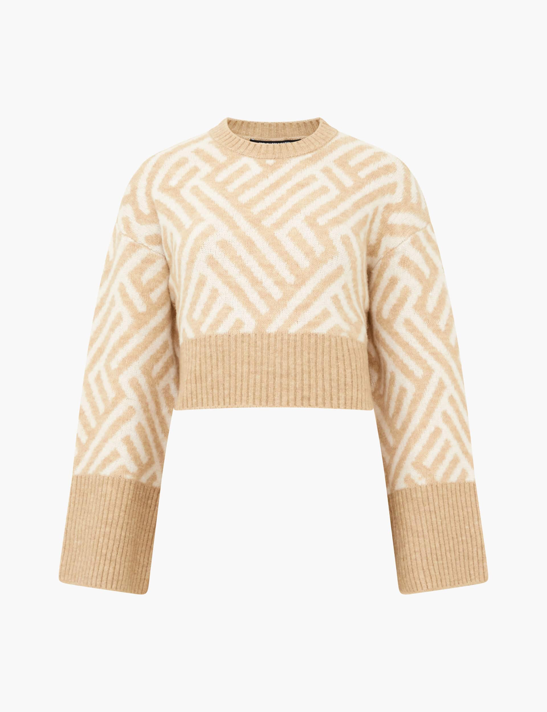 French Connection Women's Geometric Crew Neck Cropped Jumper - Camel, Camel