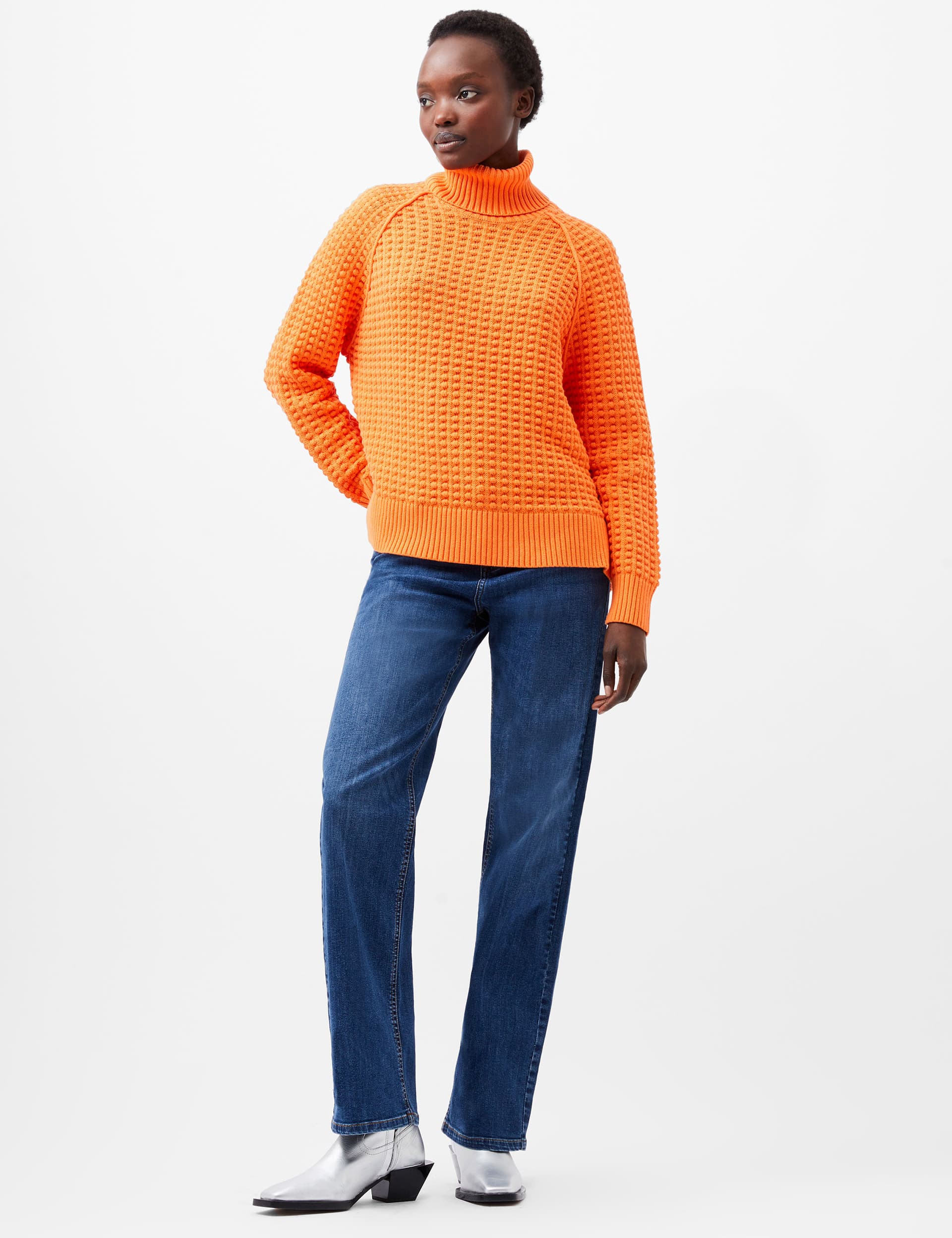 French Connection Women's Pure Cotton Textured Roll Neck Jumper - Orange, Orange,Brown