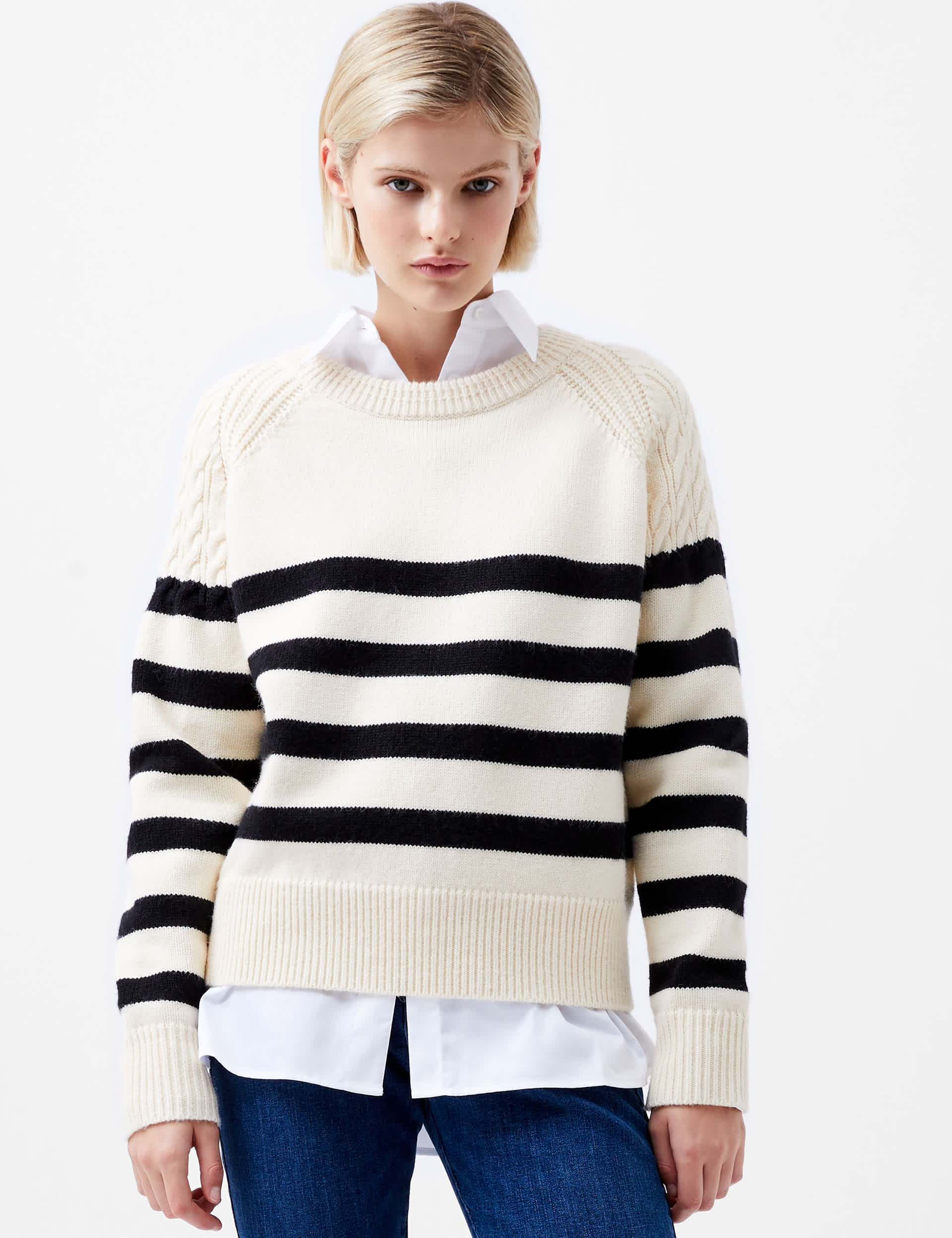 French Connection Women's Striped Crew Neck Jumper - Cream Mix, Cream Mix