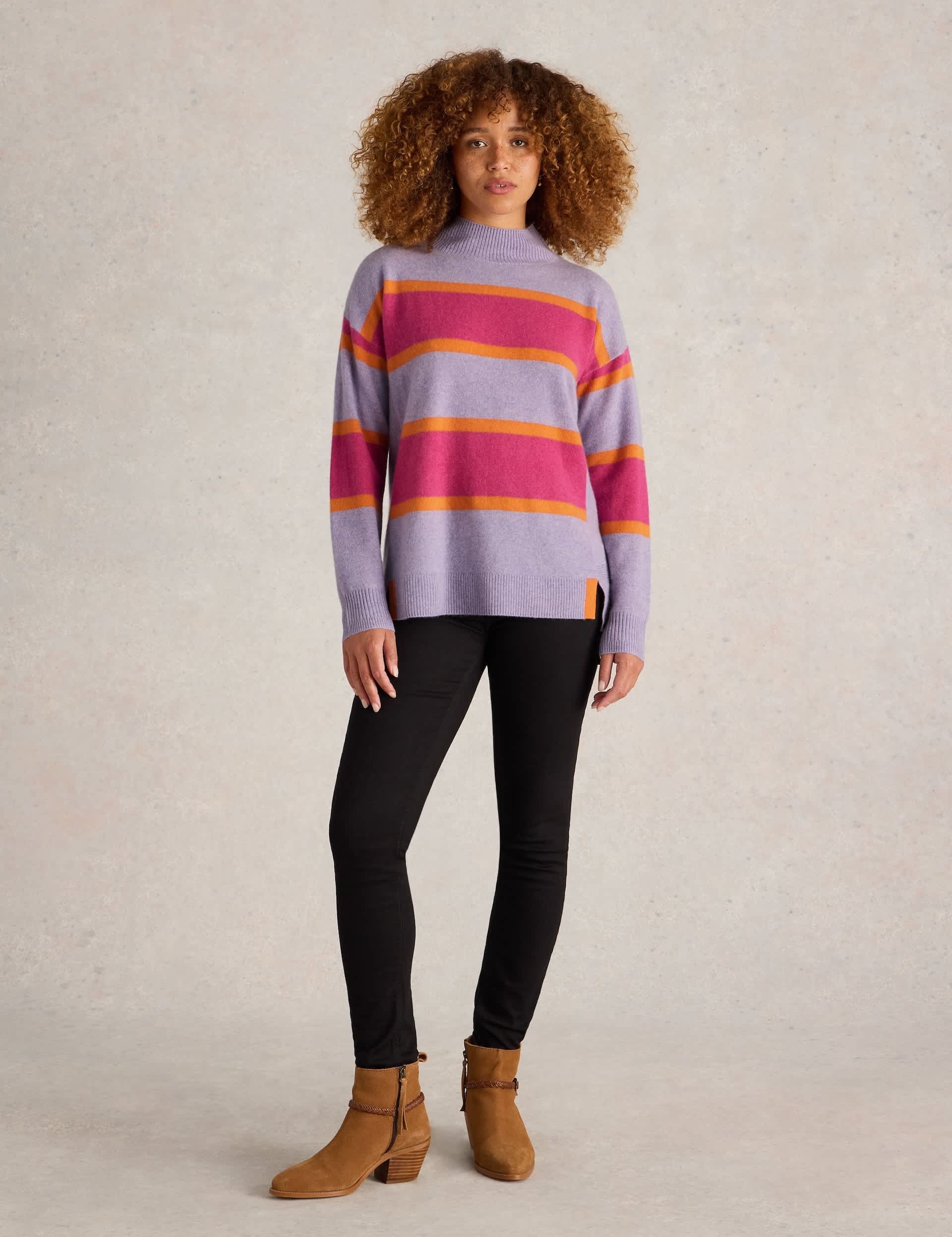 White Stuff Women's Pure Cashmere Striped High Neck Jumper - 10 - Purple Mix, Purple Mix