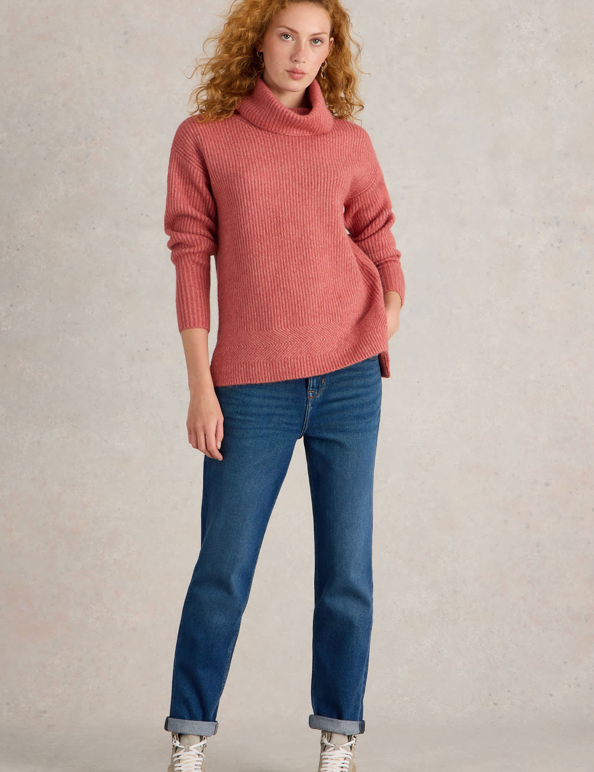 White Stuff Women's Ribbed Roll Neck Jumper with Wool - 10REG - Pink, Navy,Pink