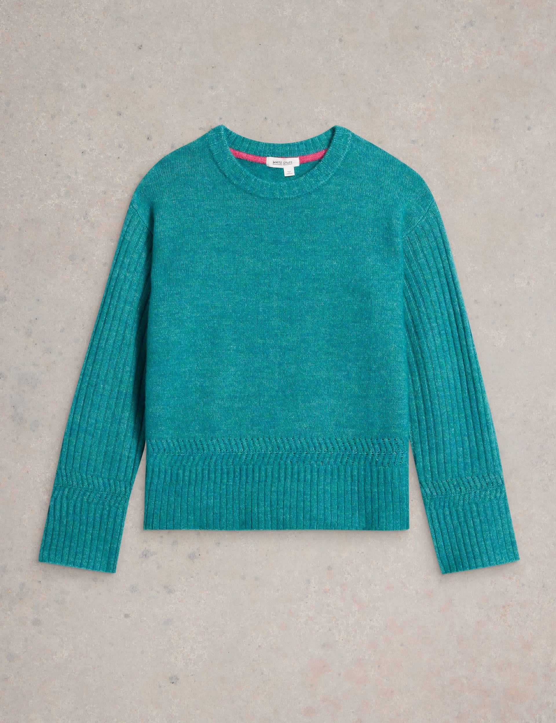 White Stuff Women's Textured Crew Neck Ribbed Sleeve Jumper - 22 - Teal, Teal