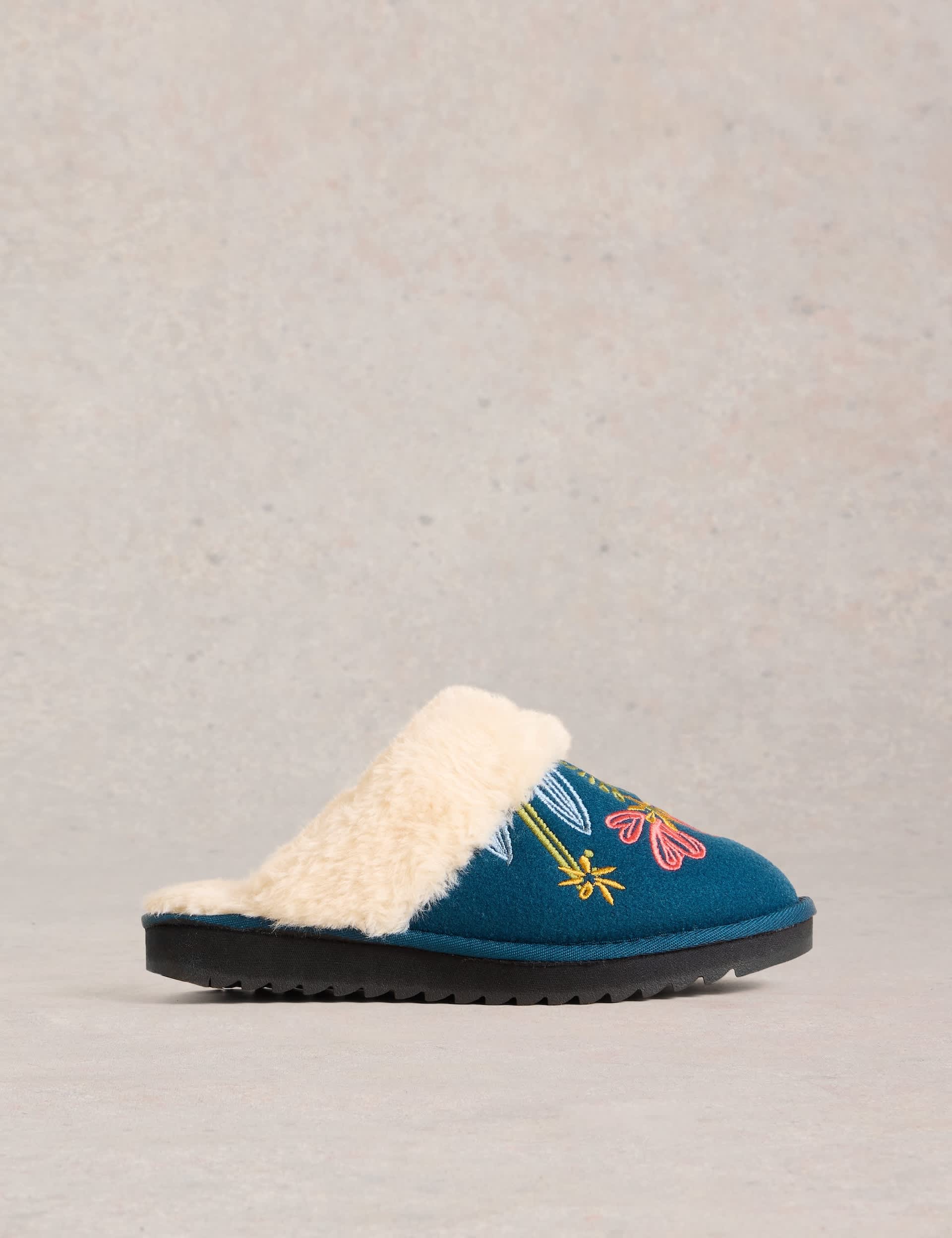 White Stuff Women's Floral Embroidered Mule Slippers - Teal Mix, Teal Mix