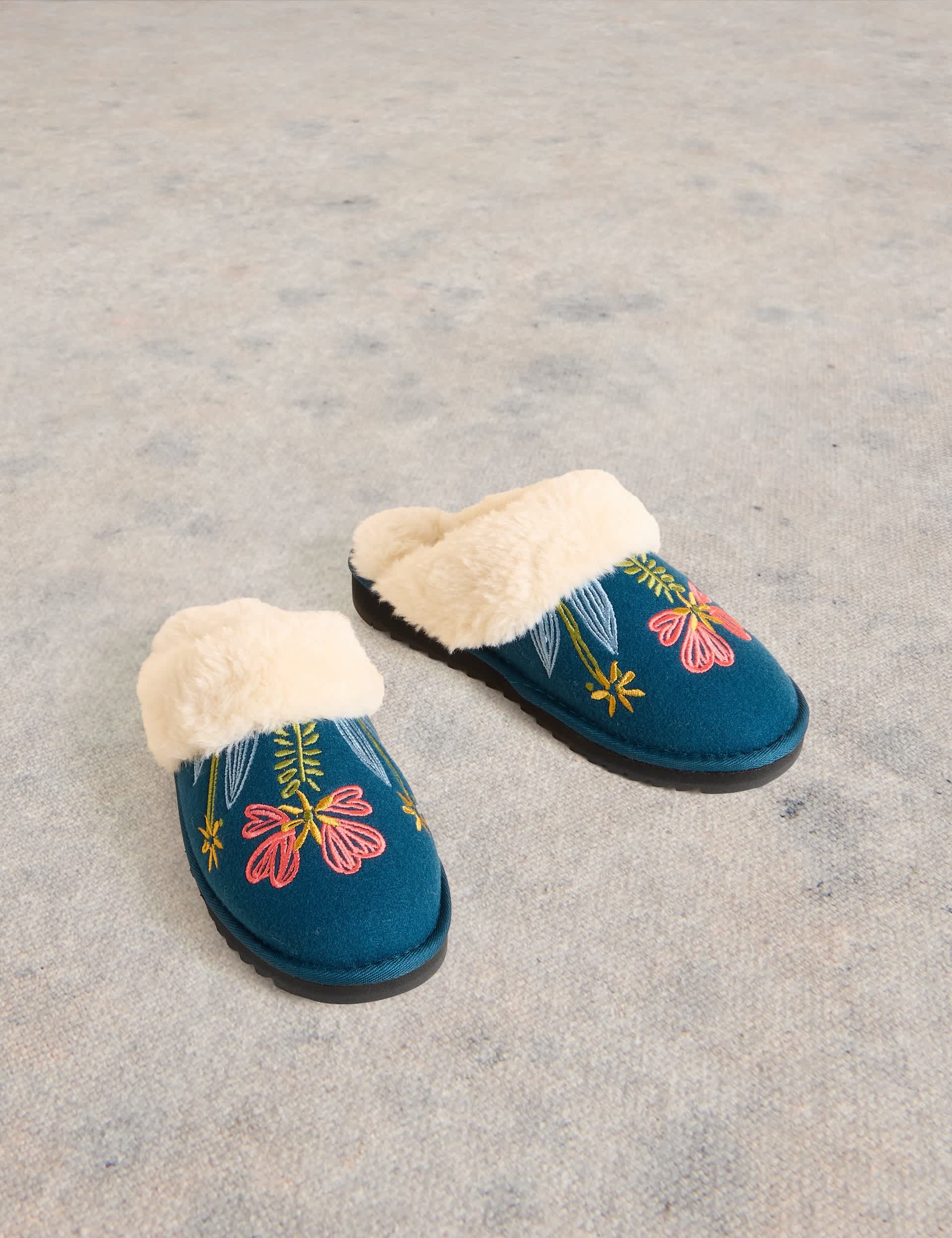 White Stuff Women's Floral Embroidered Mule Slippers - Teal Mix, Teal Mix