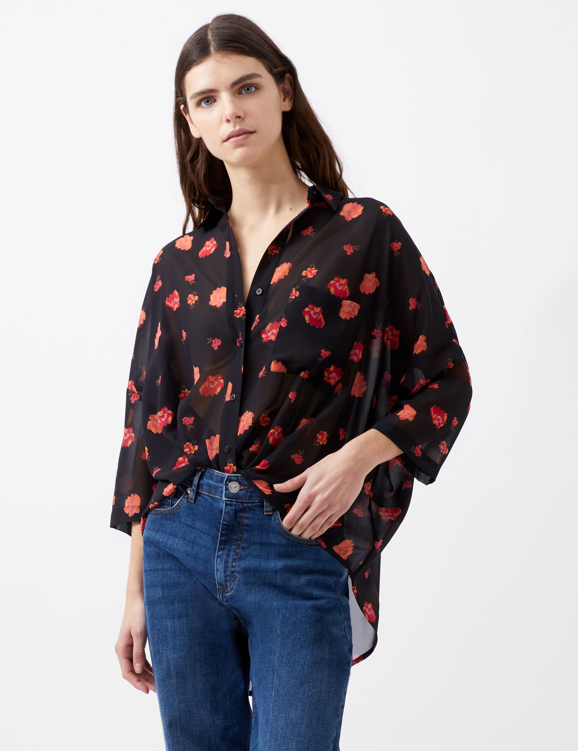 French Connection Women's Floral Collared Top - M - Navy Mix, Navy Mix