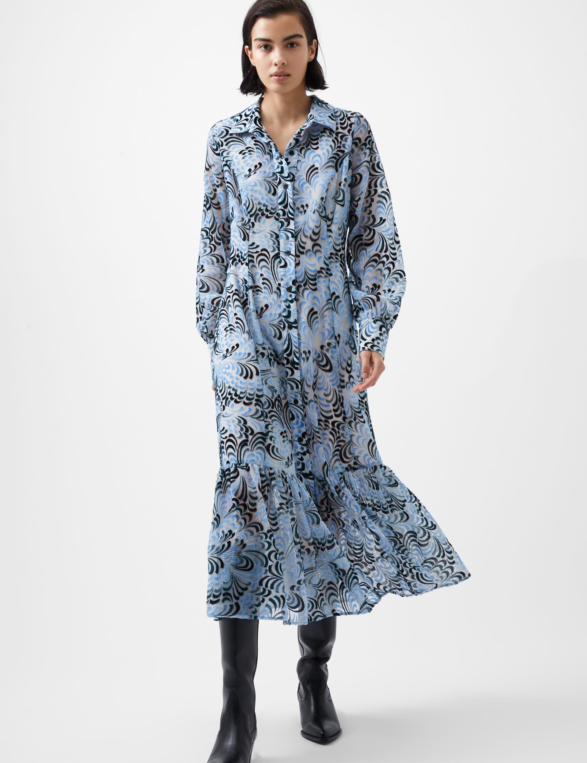 French Connection Women's Geometric Blouson Sleeve Midi Tiered Shirt Dress