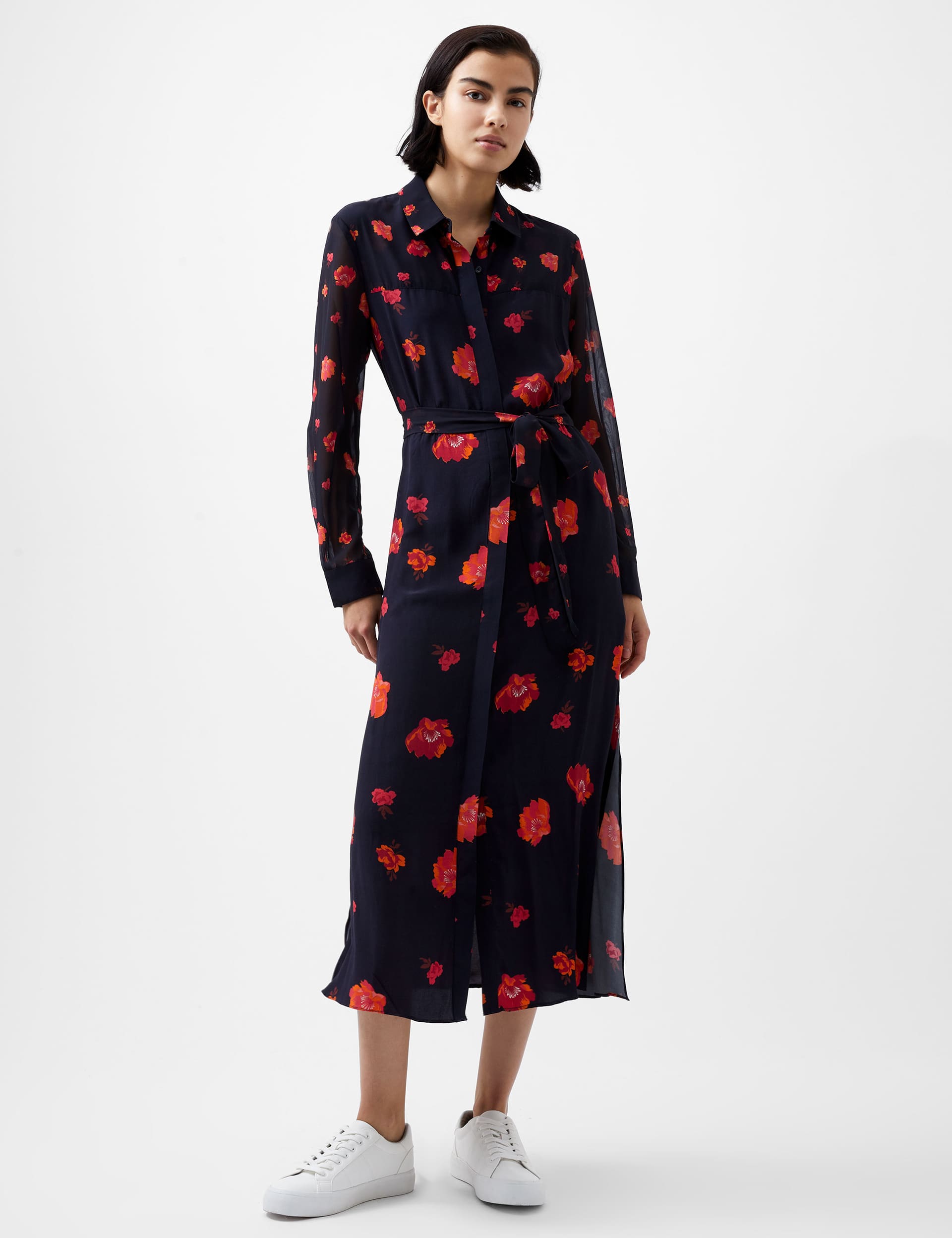 French Connection Women's Floral Belted Midi Shirt Dress - 10 - Navy Mix, Navy Mix