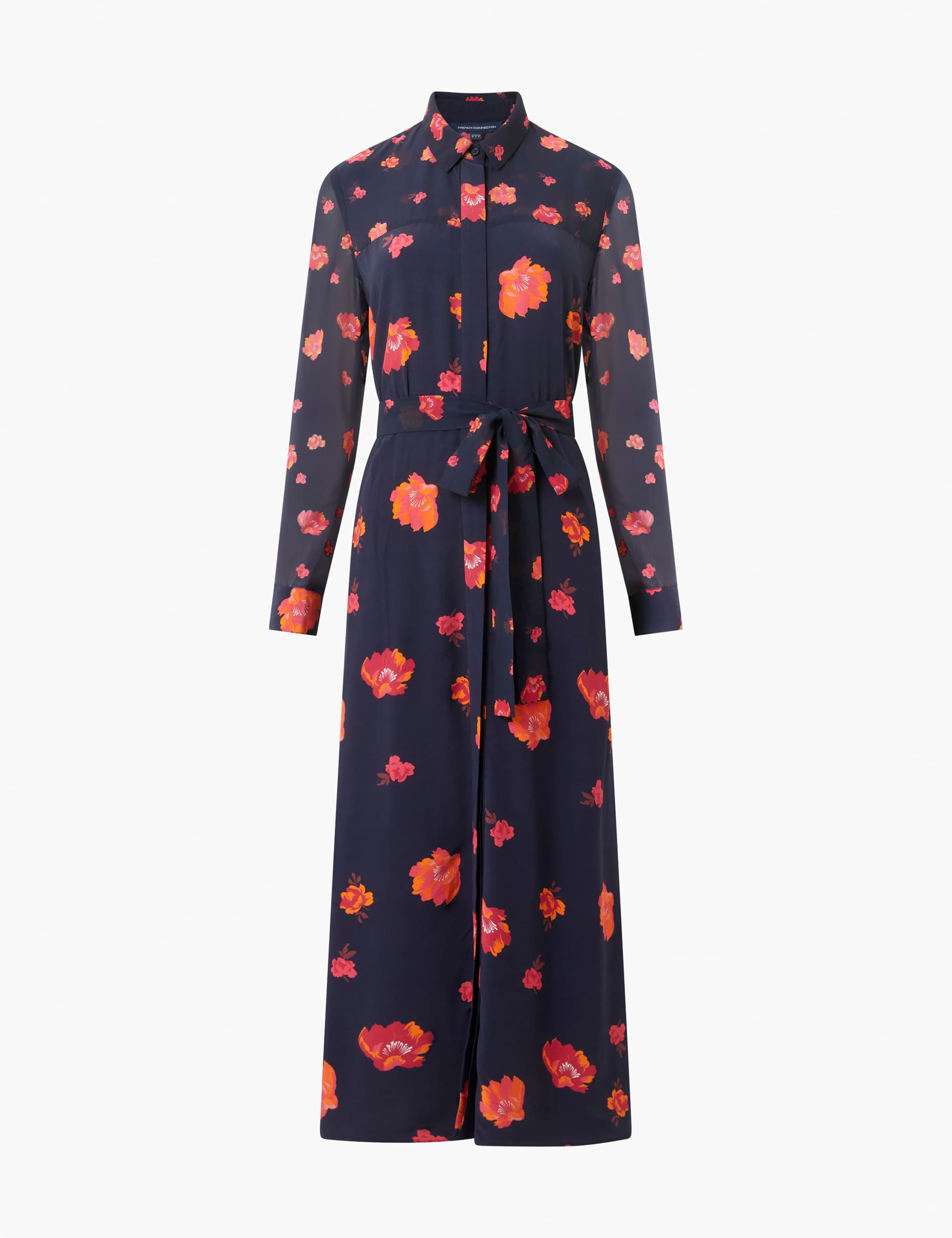 French Connection Women's Floral Belted Midi Shirt Dress - 8 - Navy Mix, Navy Mix