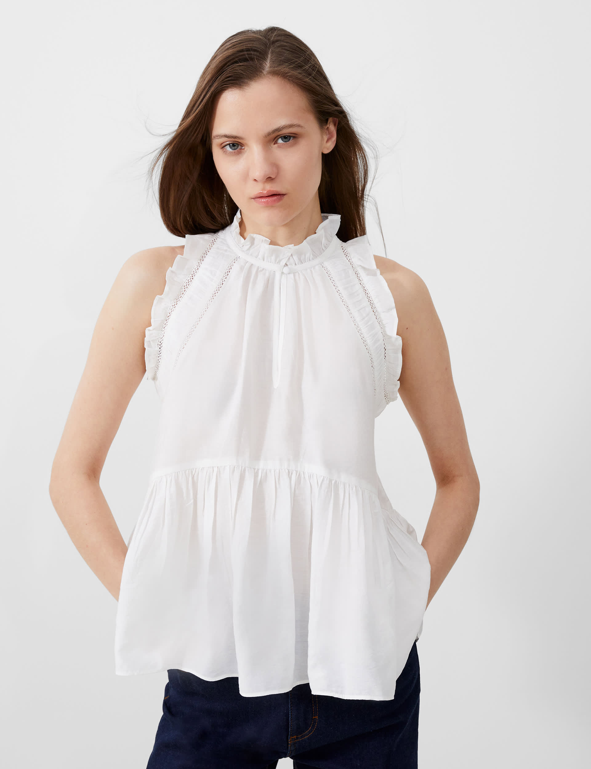 French Connection Women's Frill High Neck Sleeveless Peplum Top - White, White