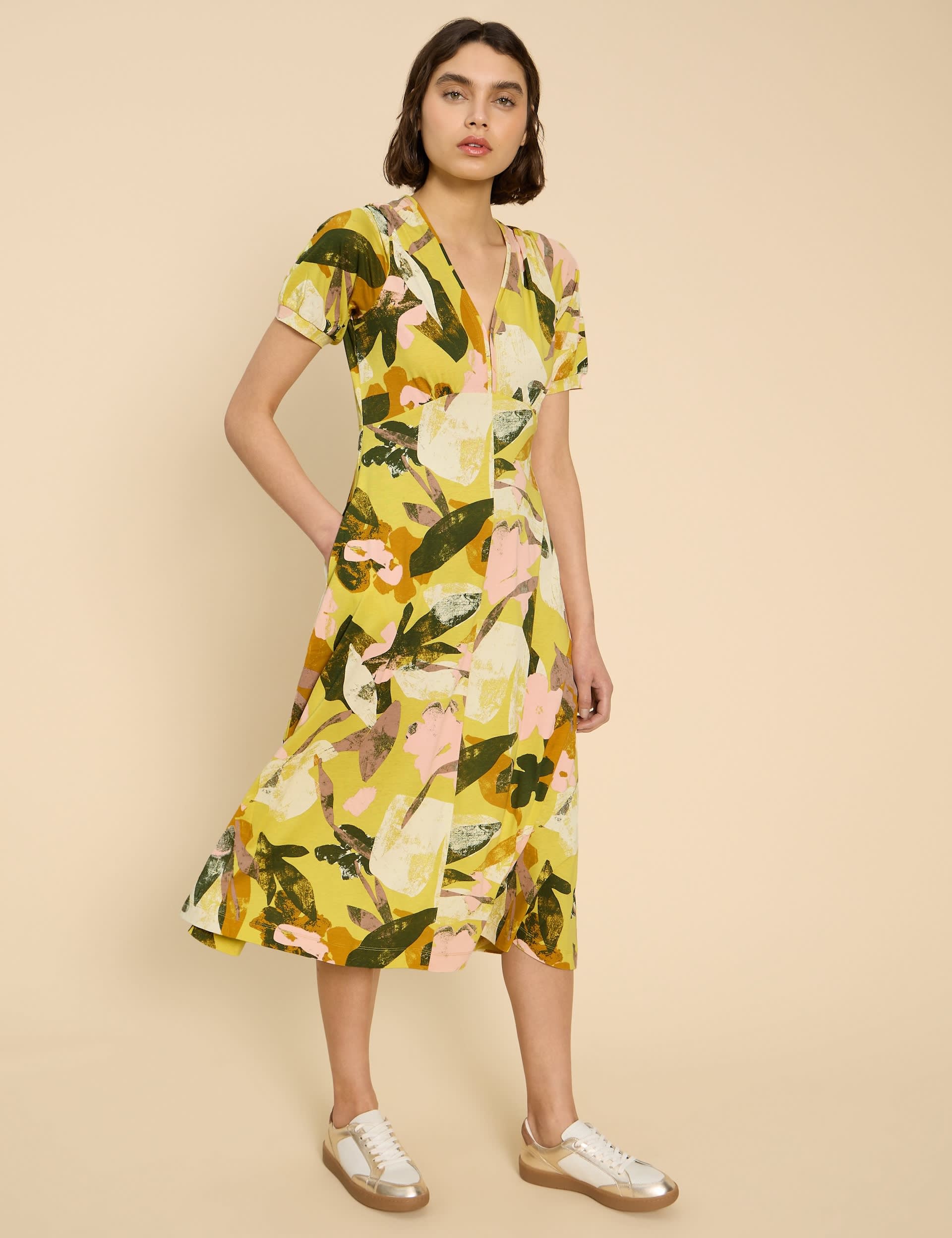 White Stuff Women's Cotton Blend Jersey Printed V-Neck Dress - 12REG - Yellow Mix, Yellow Mix