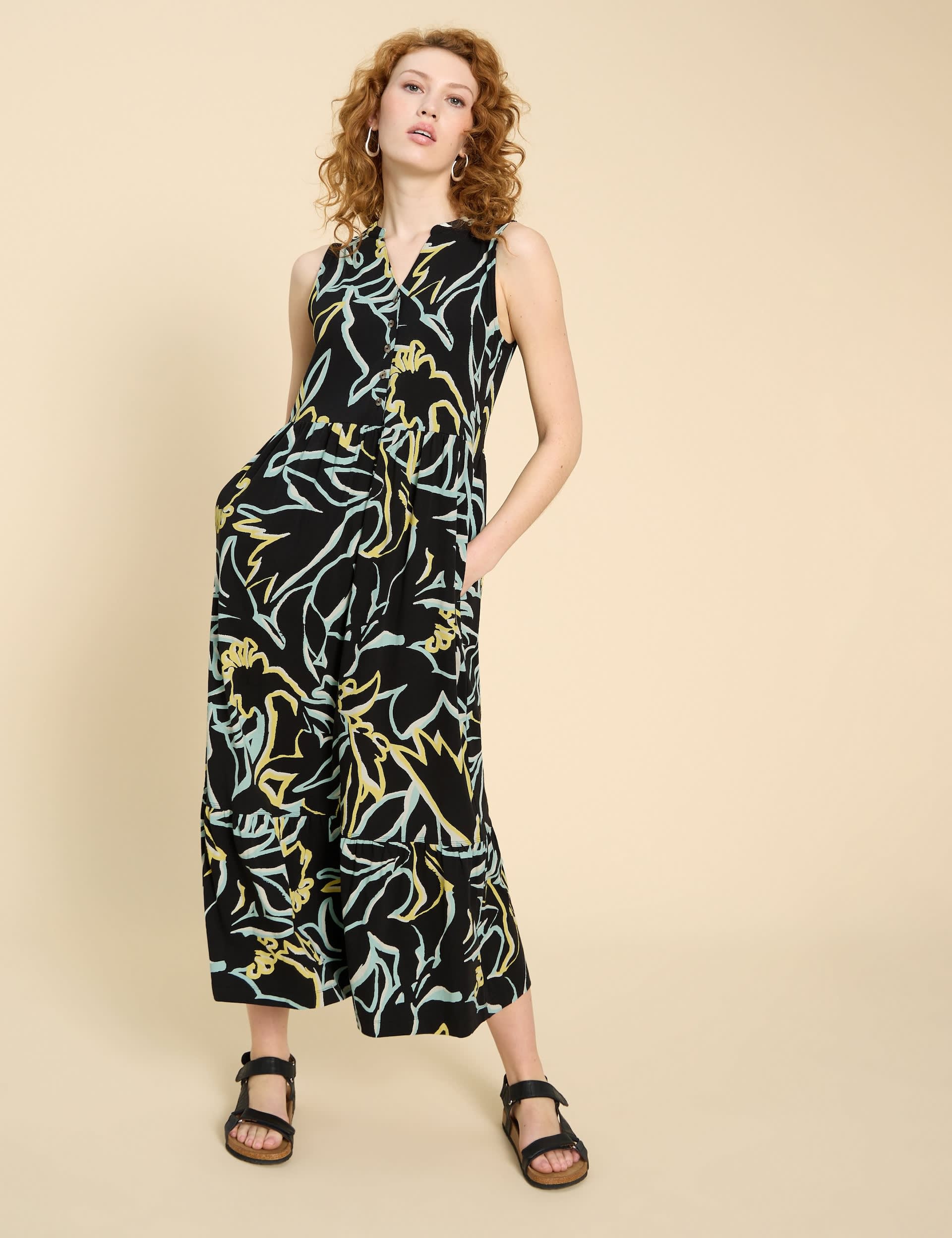 White Stuff Women's Jersey Printed Notch V-Neck Maxi Tiered Dress