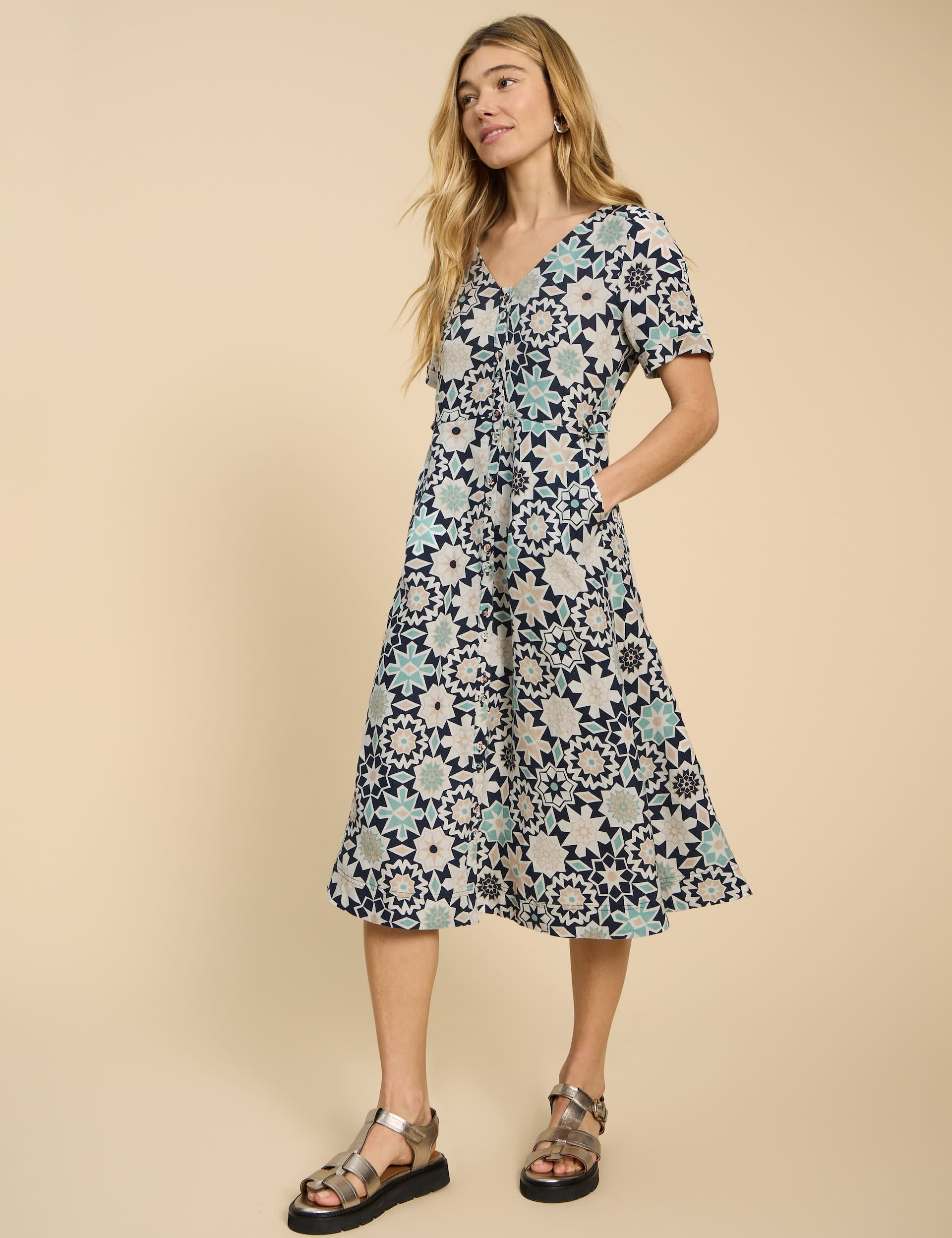 White Stuff Women's Pure Linen Floral V-Neck Midi Waisted Dress