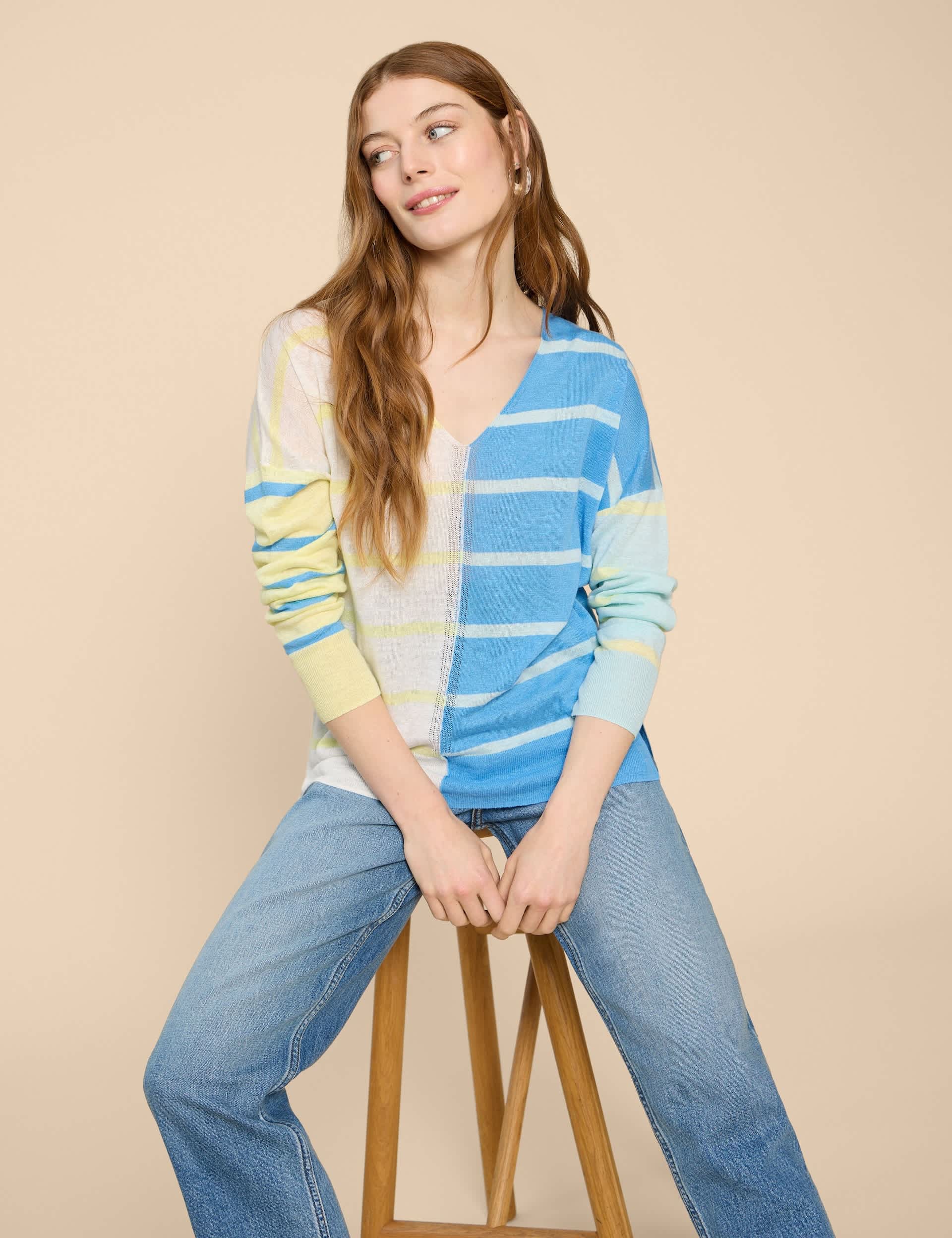 White Stuff Women's Pure Linen Striped V-Neck Jumper - 12 - Blue Mix, Blue Mix