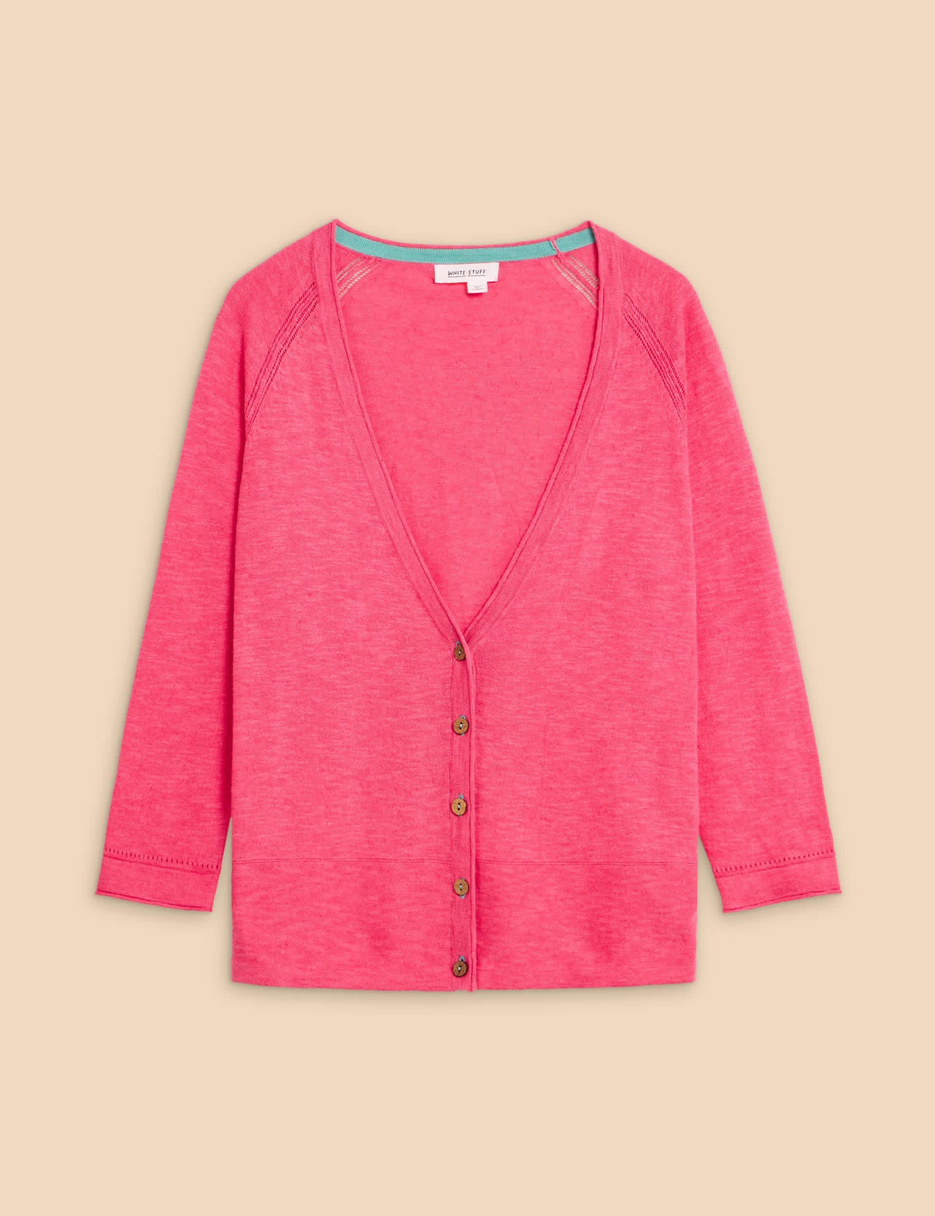 White Stuff Women's Pure Cotton V-Neck Button-Through Cardigan - 8 - Pink, Pink,Teal