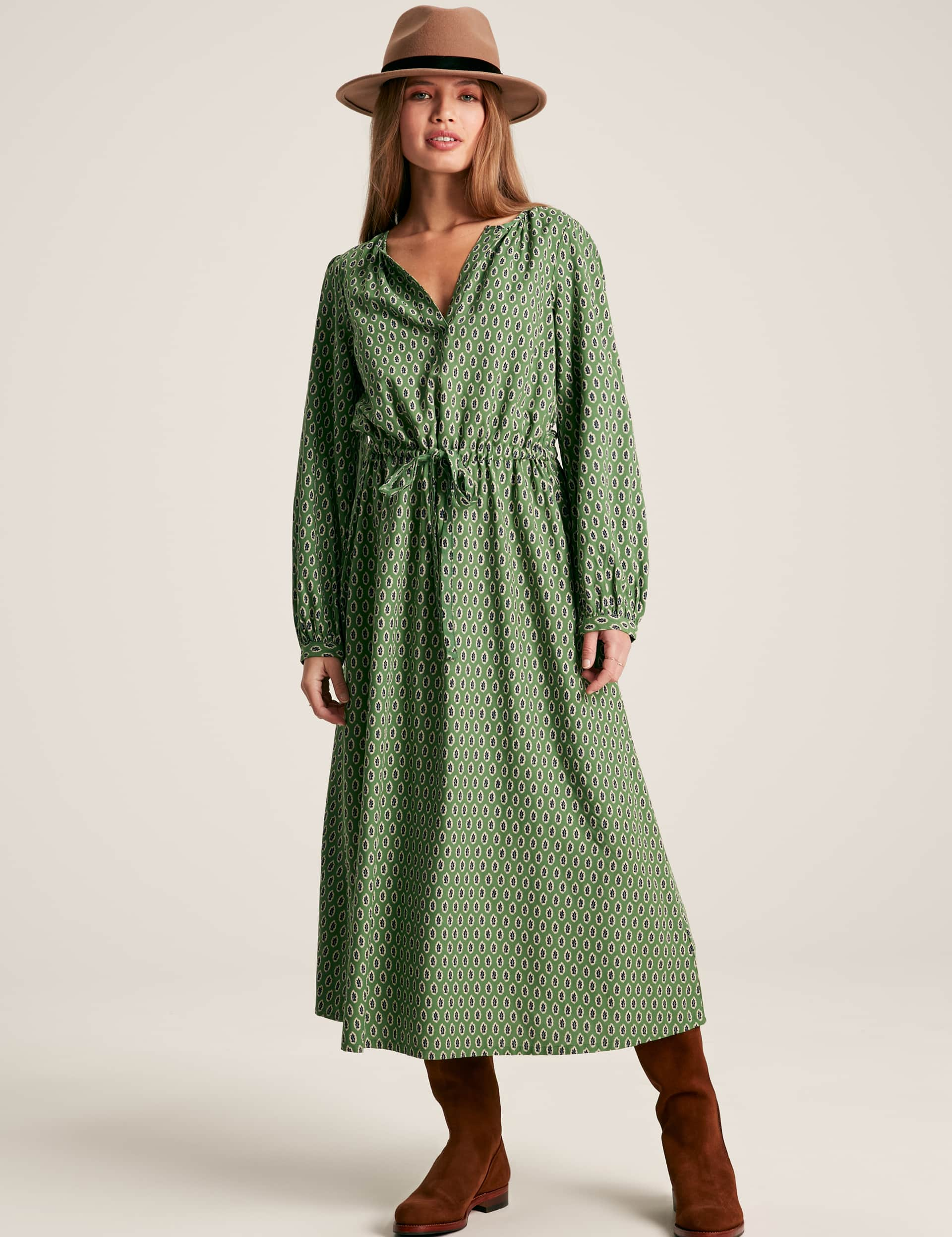 Joules Women's Geometric V-Neck Midi Waisted Dress - 8 - Green Mix, Green Mix