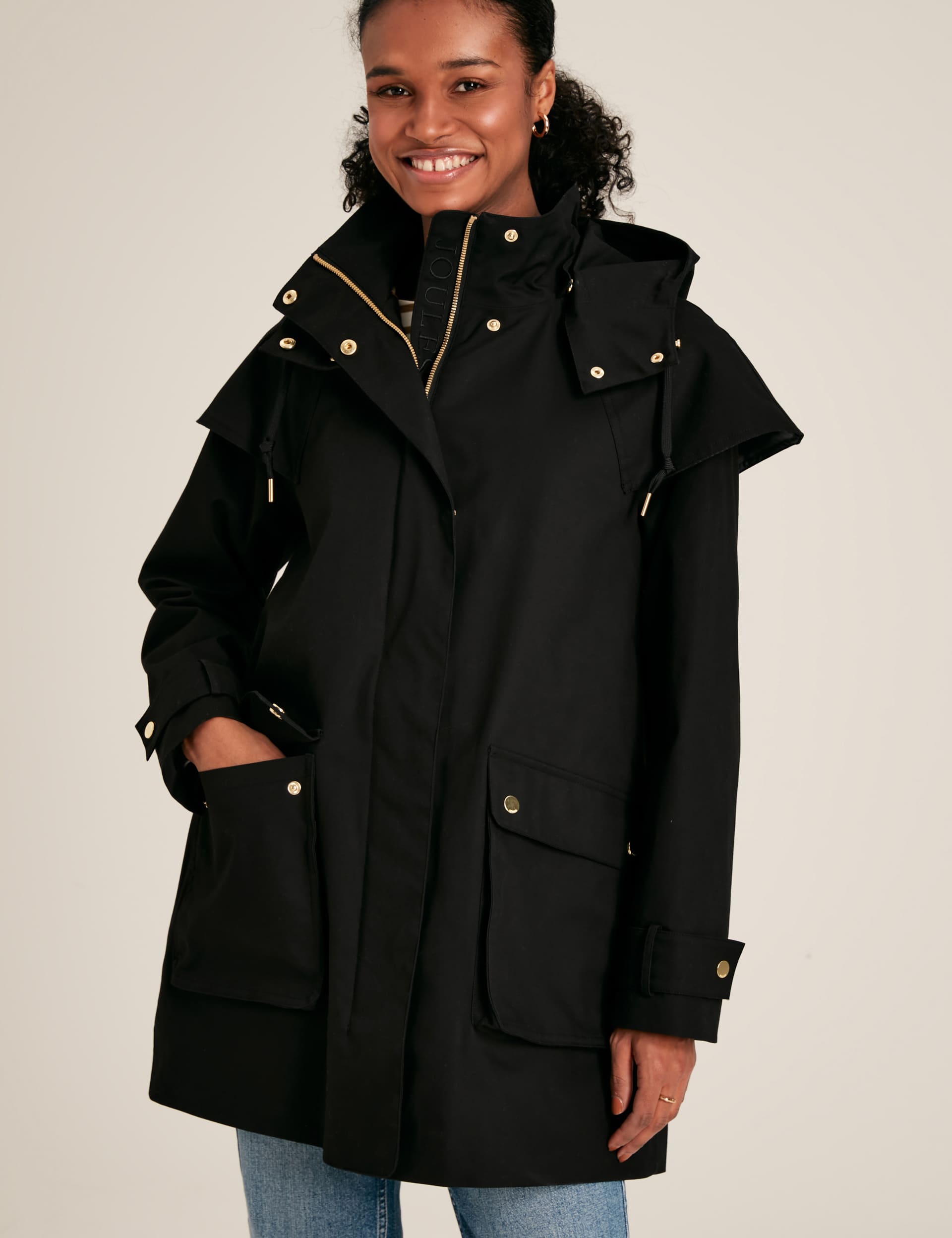 Joules Women's Pure Cotton Hooded Raincoat - 12 - Black, Black