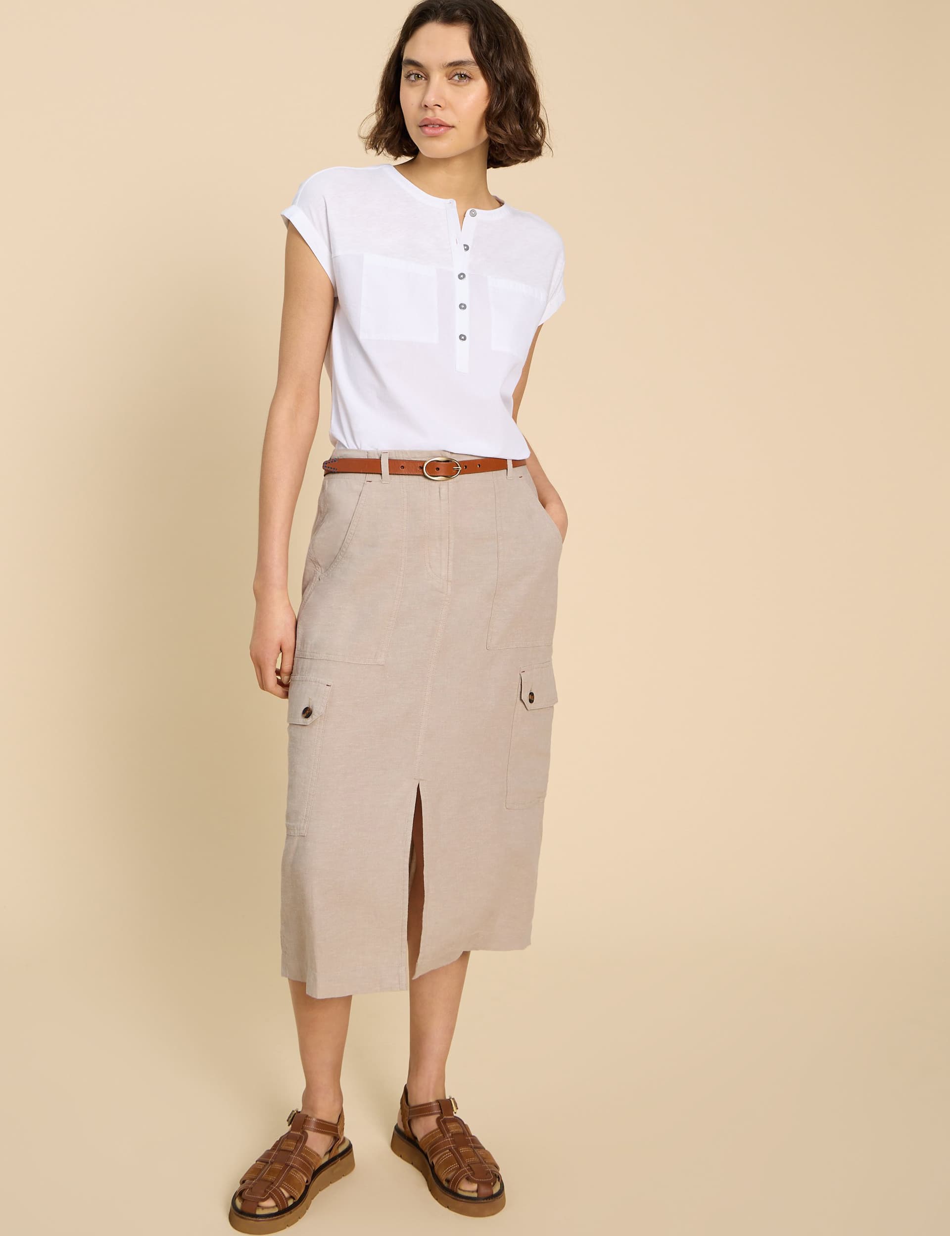 White Stuff Women's Linen Rich Midi Cargo Skirt - 24 - Natural, Natural