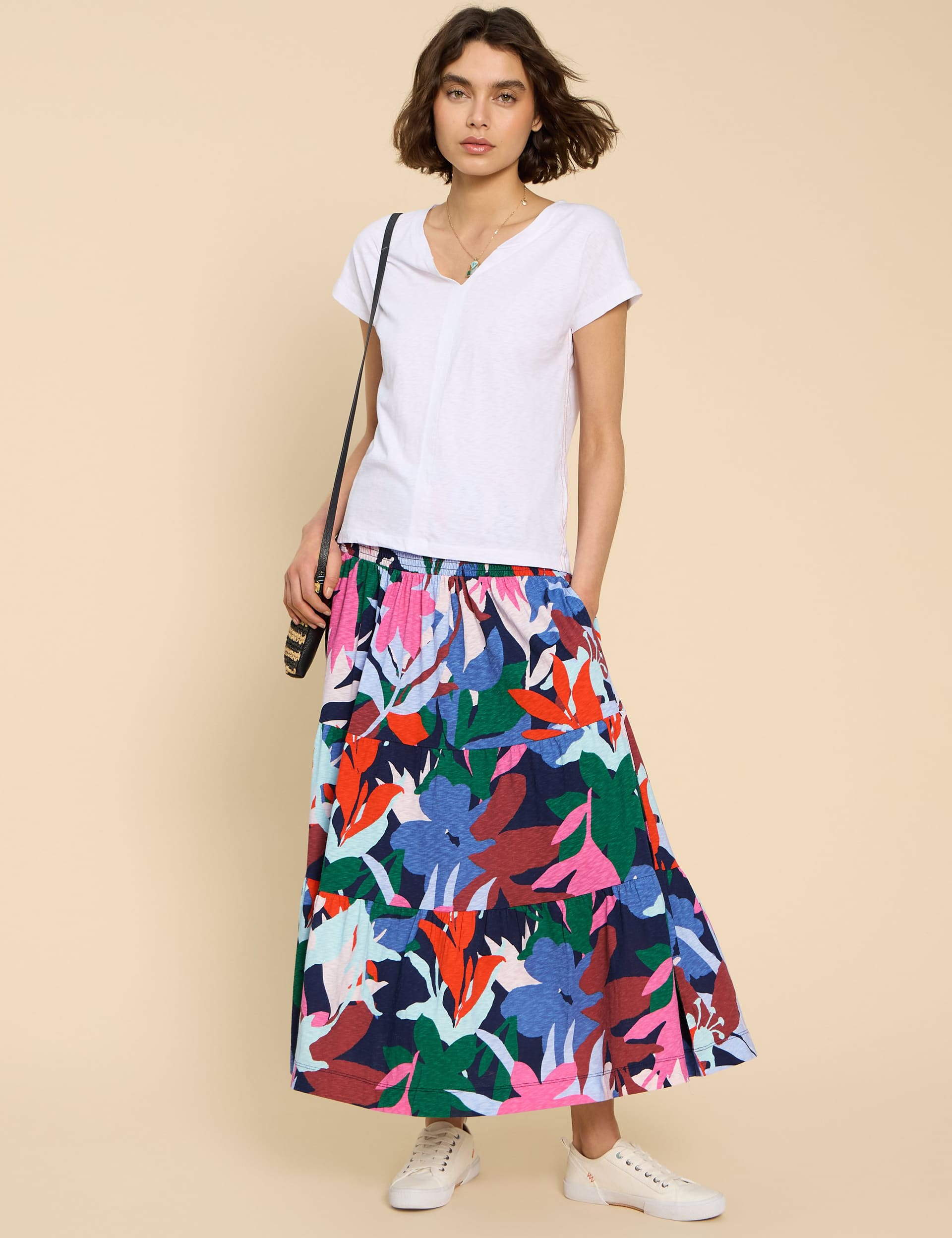 White Stuff Women's Pure Cotton Jersey Floral Tiered Maxi Skirt - 8REG - Blue Mix, Blue Mix