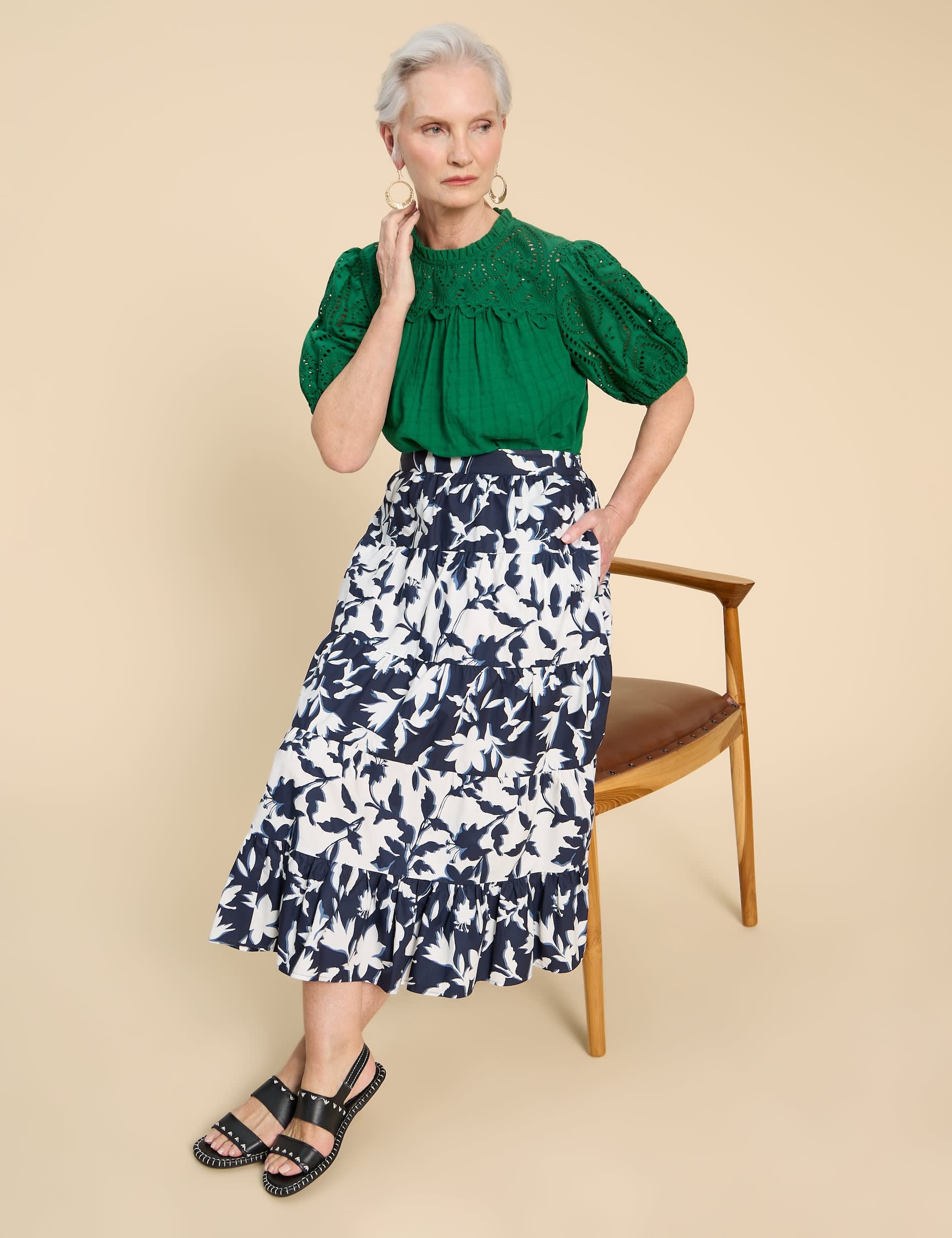 White Stuff Women's Pure Cotton Floral Tiered Midi Skirt - 10REG - Navy Mix, Navy Mix