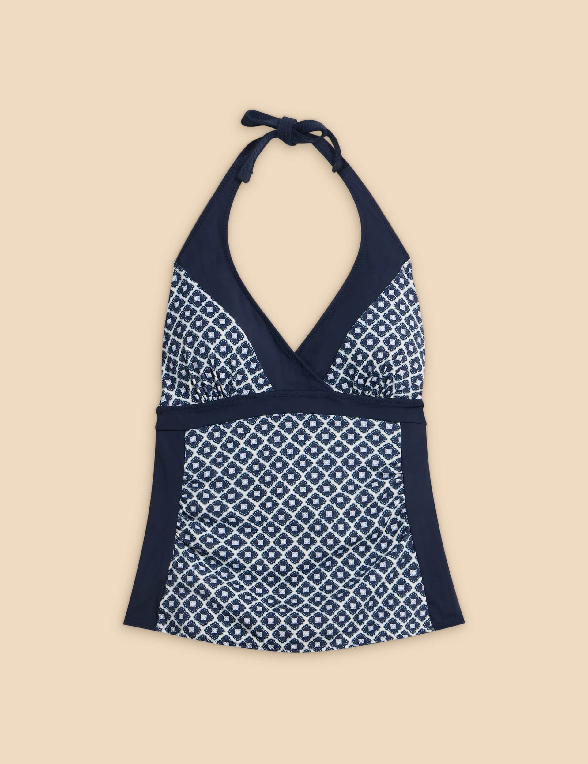 White Stuff Women's Sunshine Printed V-Neck Halterneck Tankini Top - 24 - Navy Mix, Navy Mix