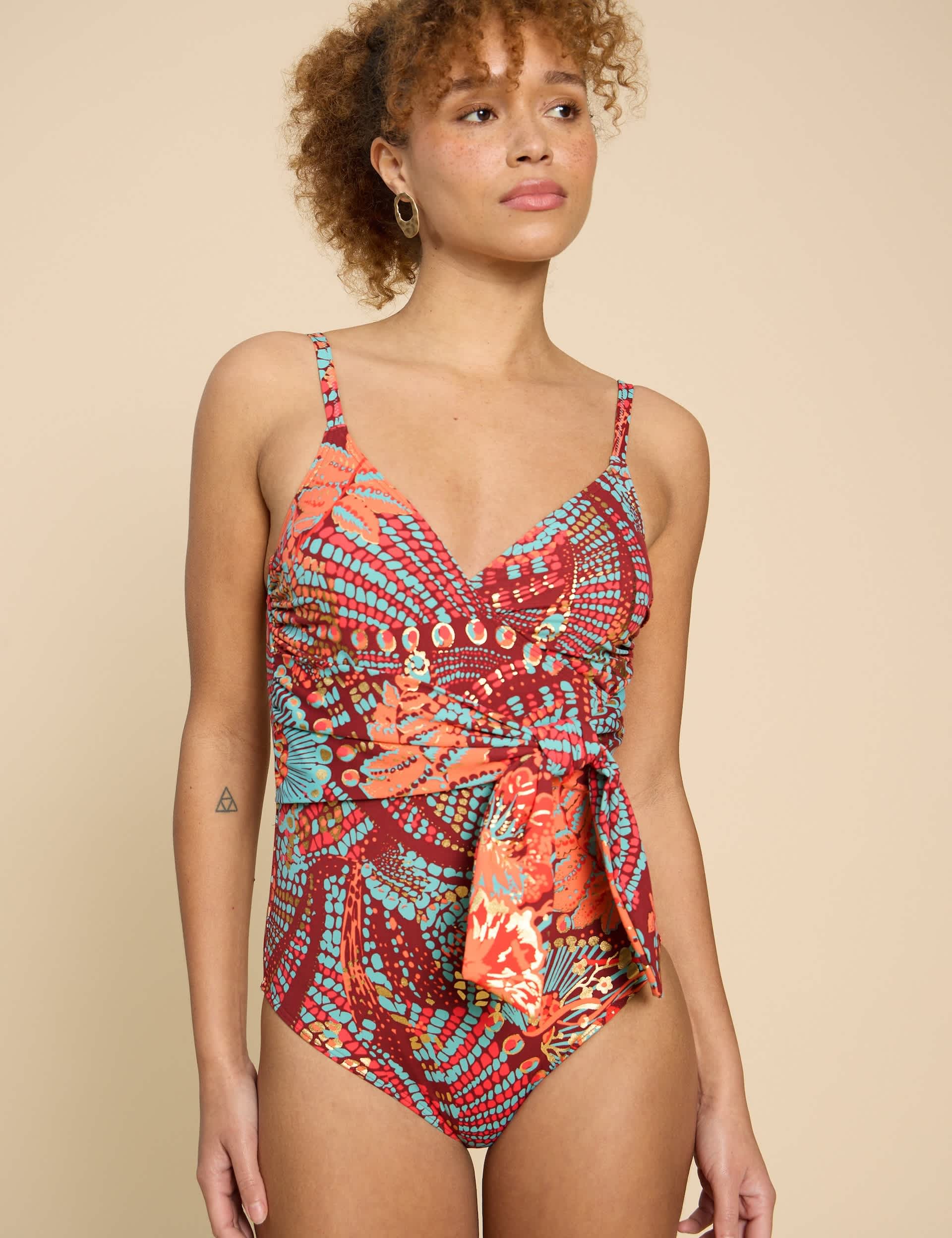 White Stuff Women's Printed V-Neck Swimsuit - 10 - Red Mix, Red Mix