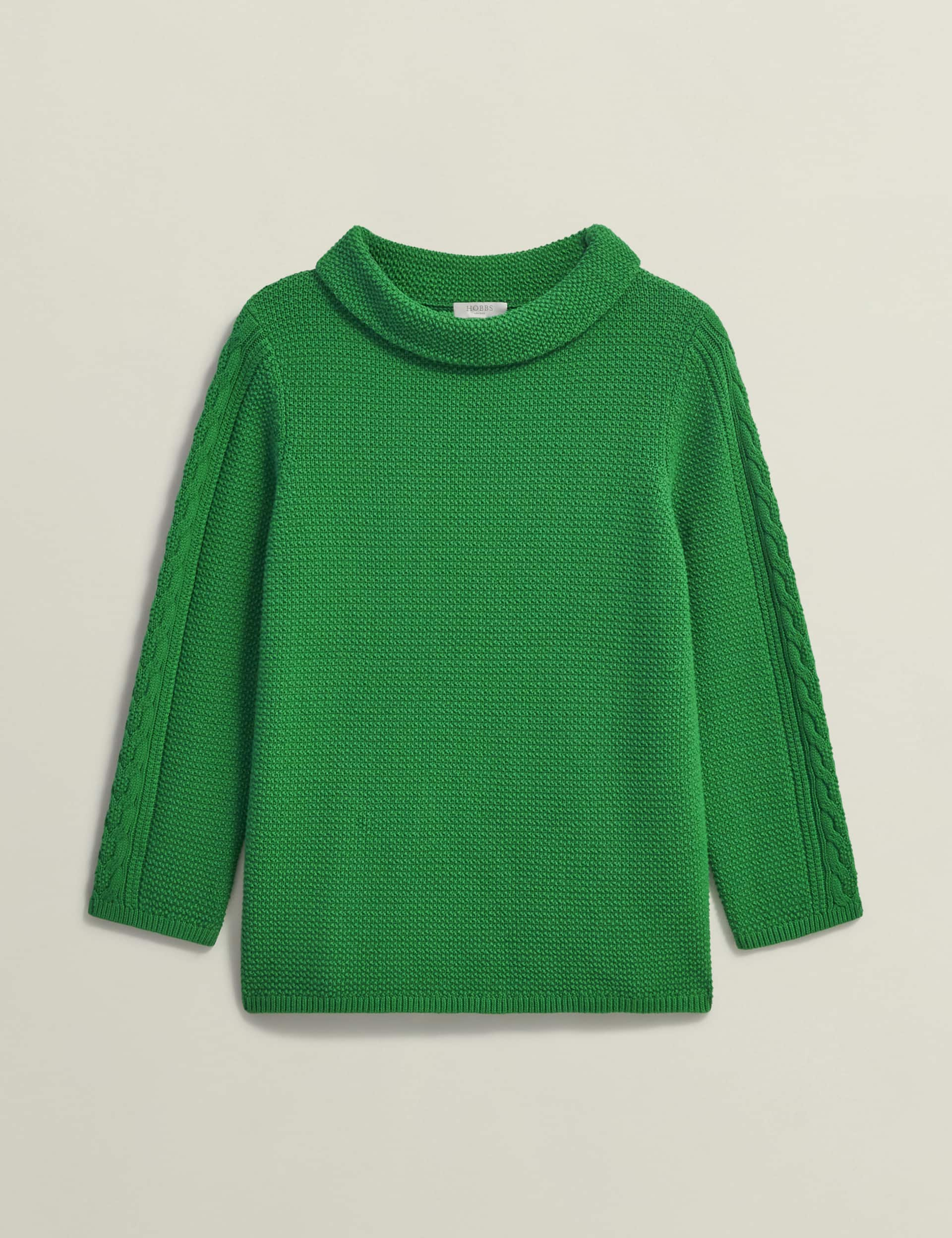 Hobbs Women's Pure Cotton Textured Roll Neck Jumper - Green, Green