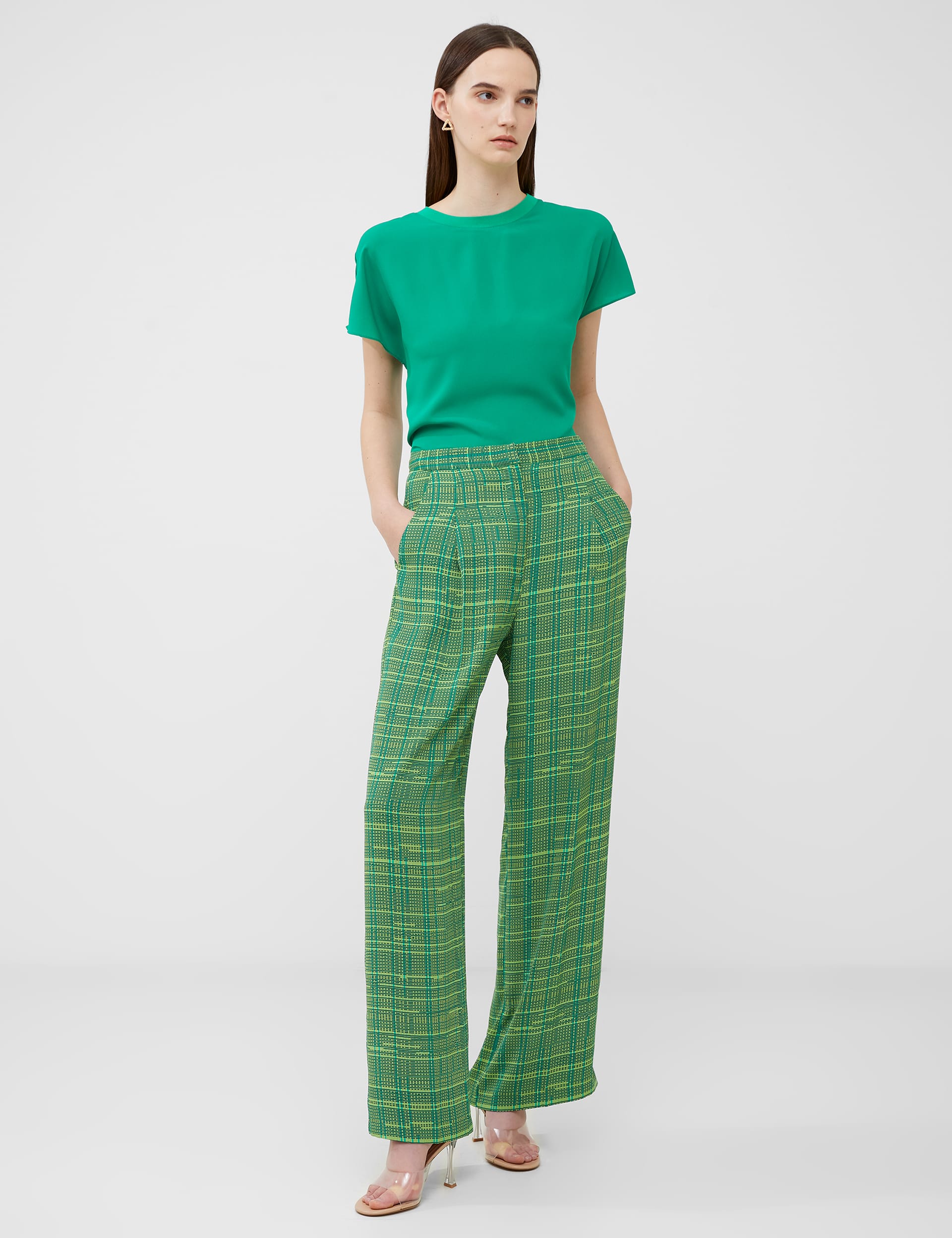 French Connection Women's Crepe Checked Straight Leg Trousers - 12 - Green Mix, Green Mix