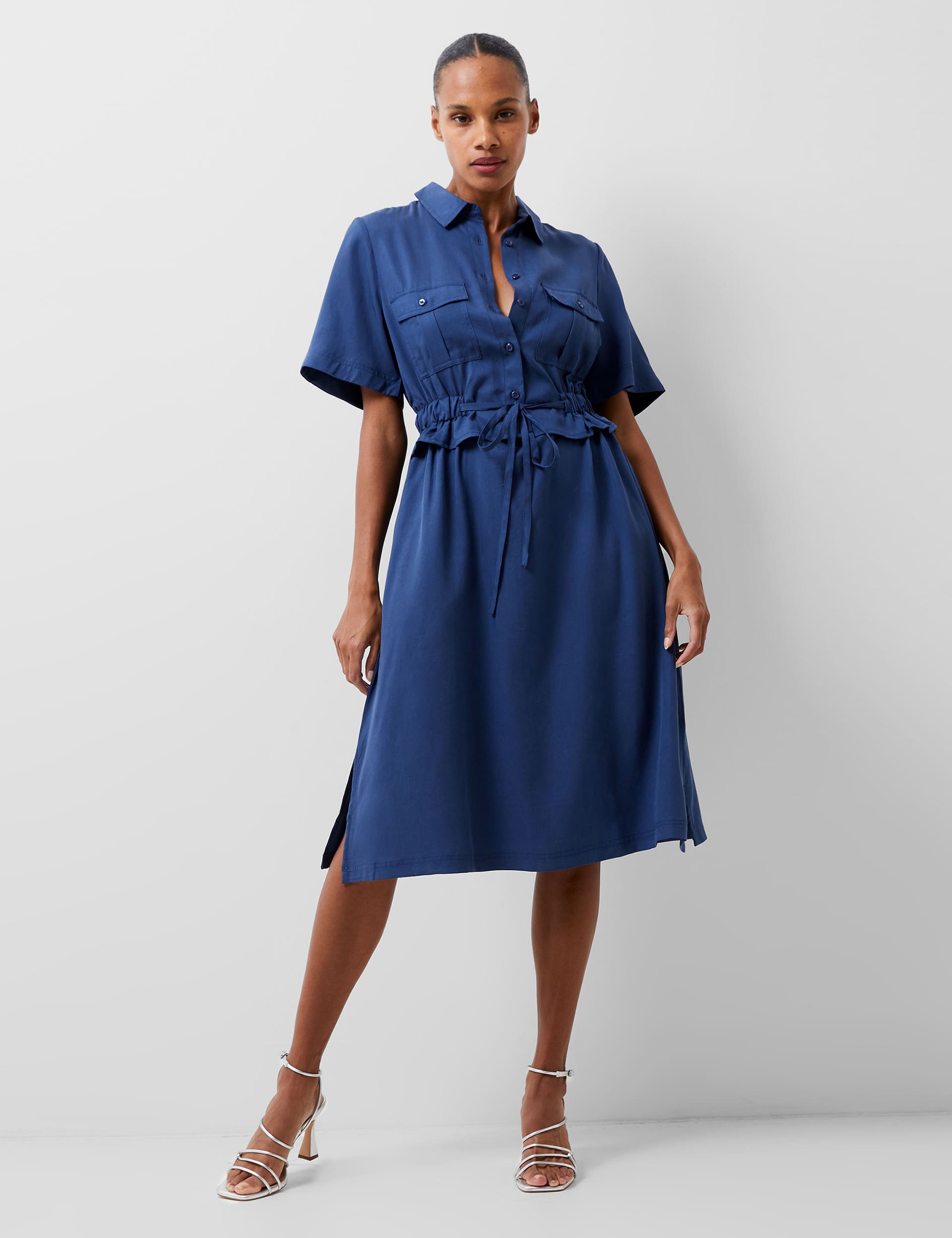 French Connection Women's Pure Lyocell Midaxi Shirt Dress - Navy, Blue,White,Navy