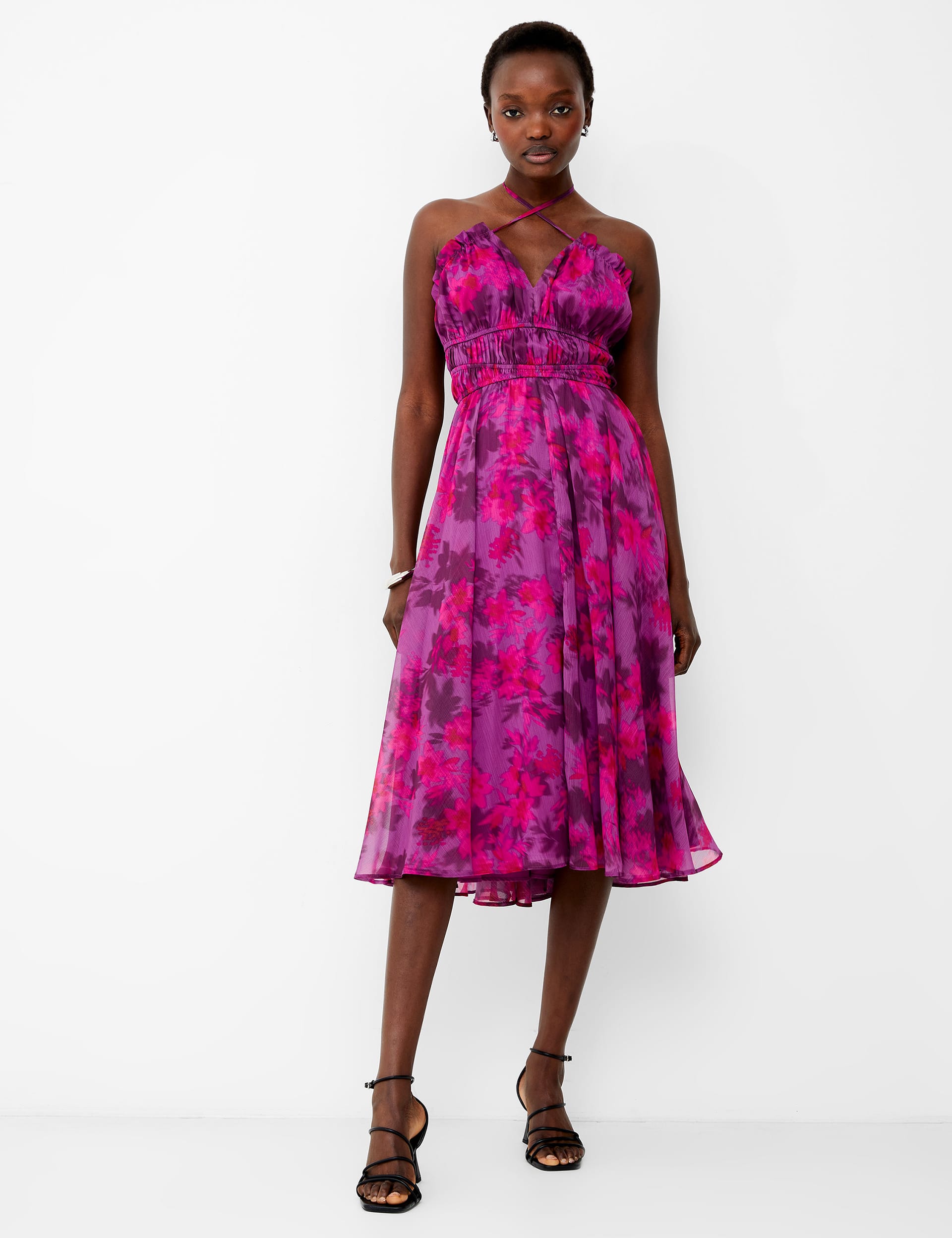 French Connection Women's Floral Halter Neck Midi Waisted Dress