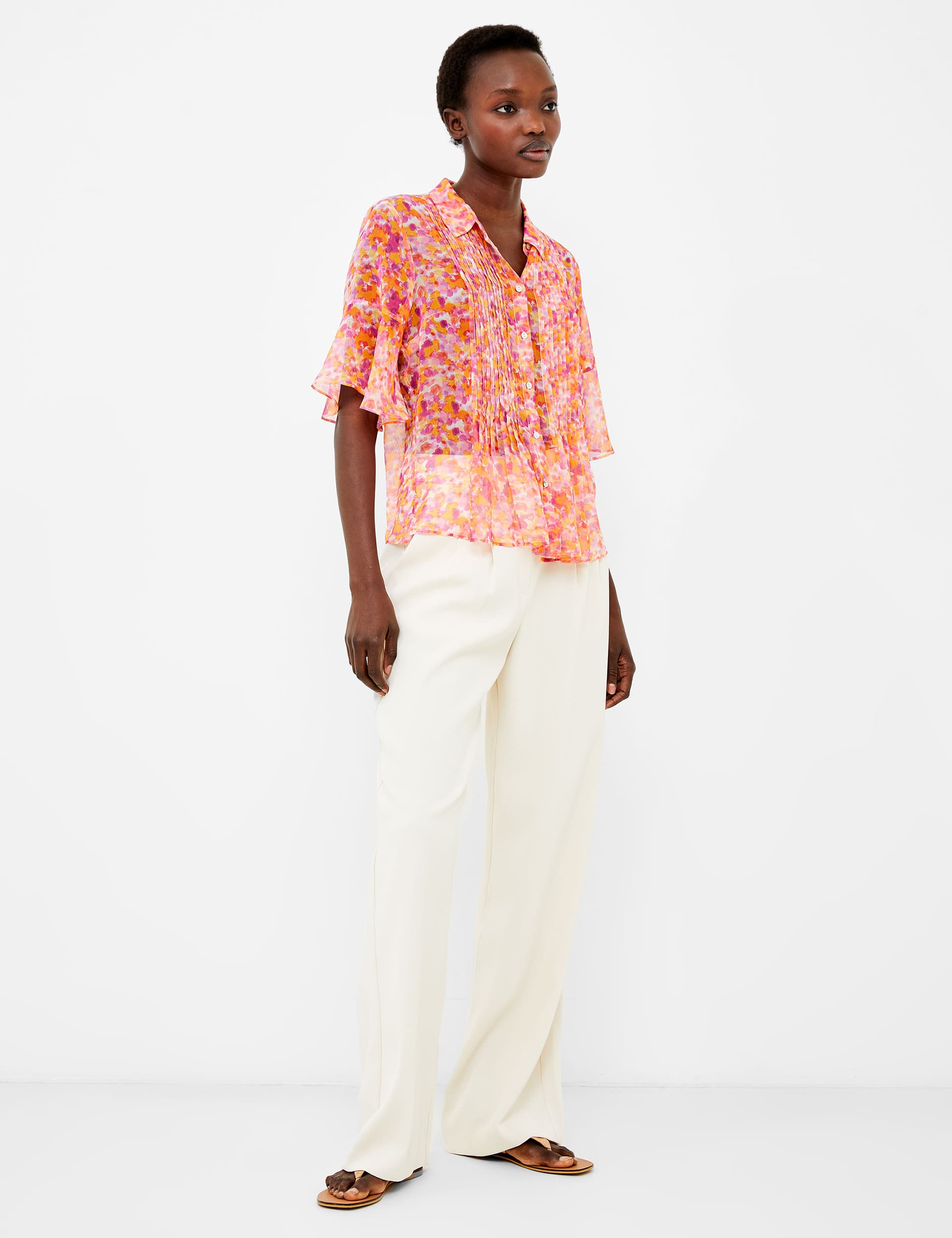 French Connection Women's Floral Collared Short Sleeve Shirt - Orange Mix, Orange Mix