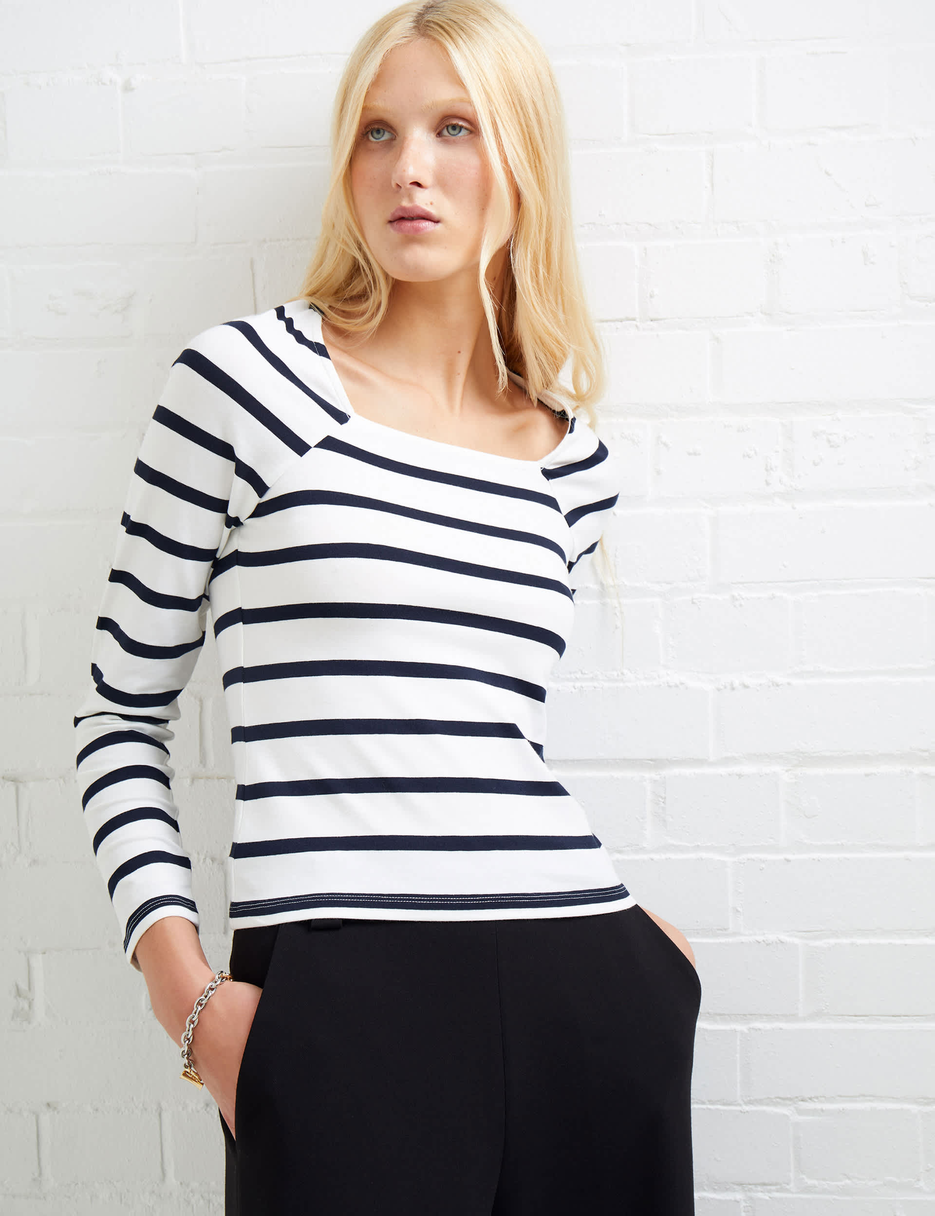 French Connection Women's Cotton Rich Striped Square Neck Top - M - White Mix, White Mix