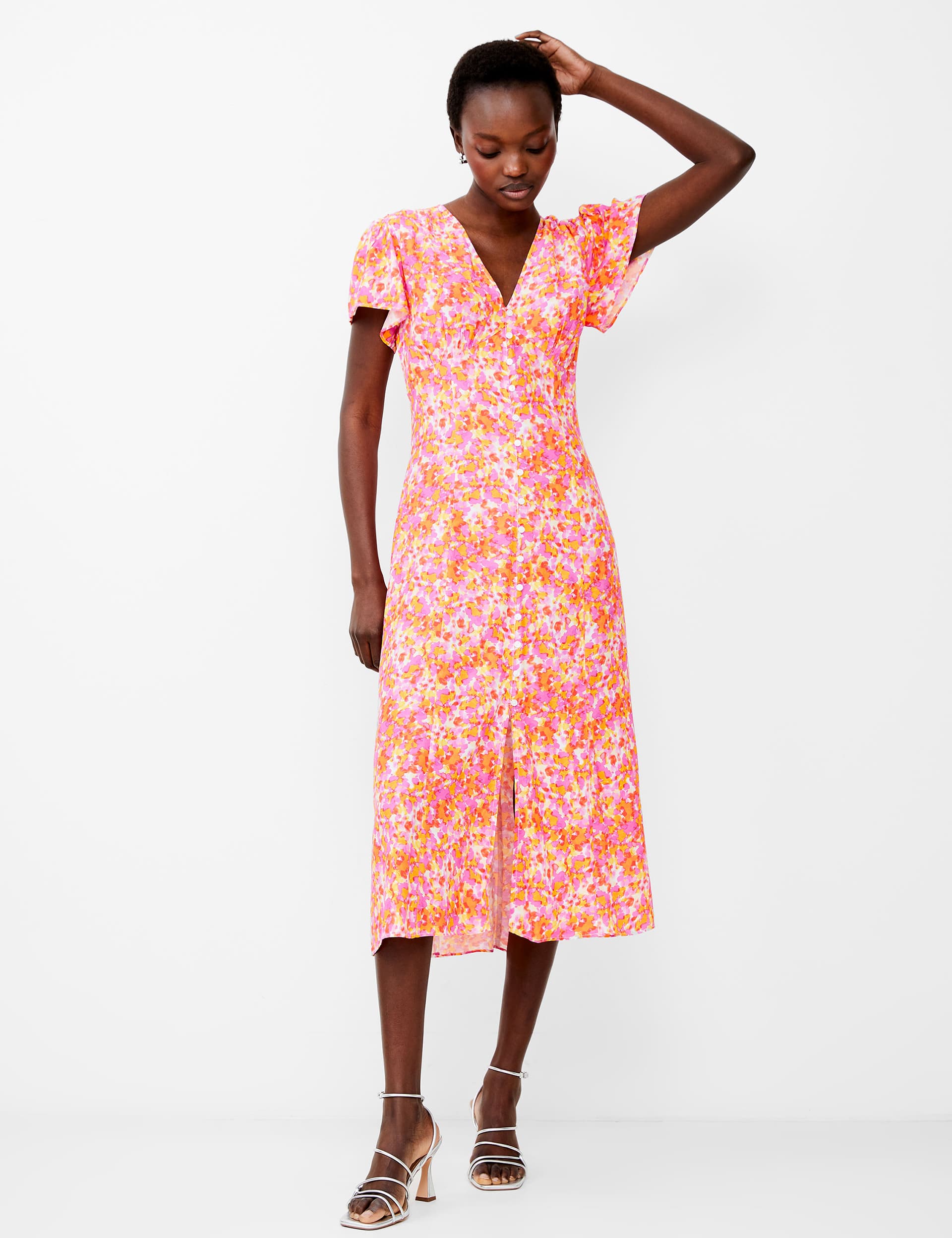 French Connection Women's Floral V-Neck Midi Tea Dress - 8 - Orange Mix, Orange Mix