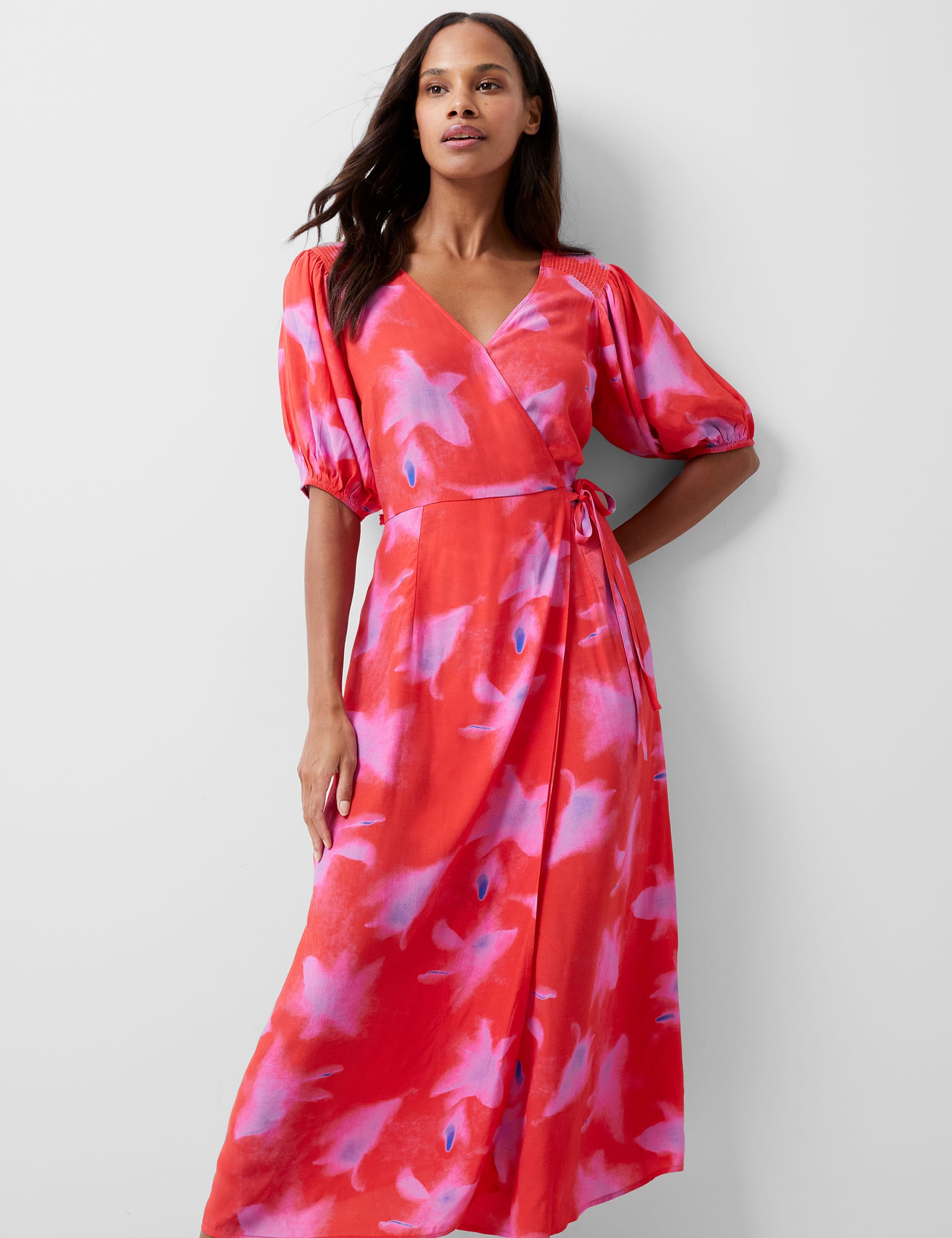 French Connection Women's Tie Dye V-Neck Midaxi Wrap Dress - 8 - Pink, Pink