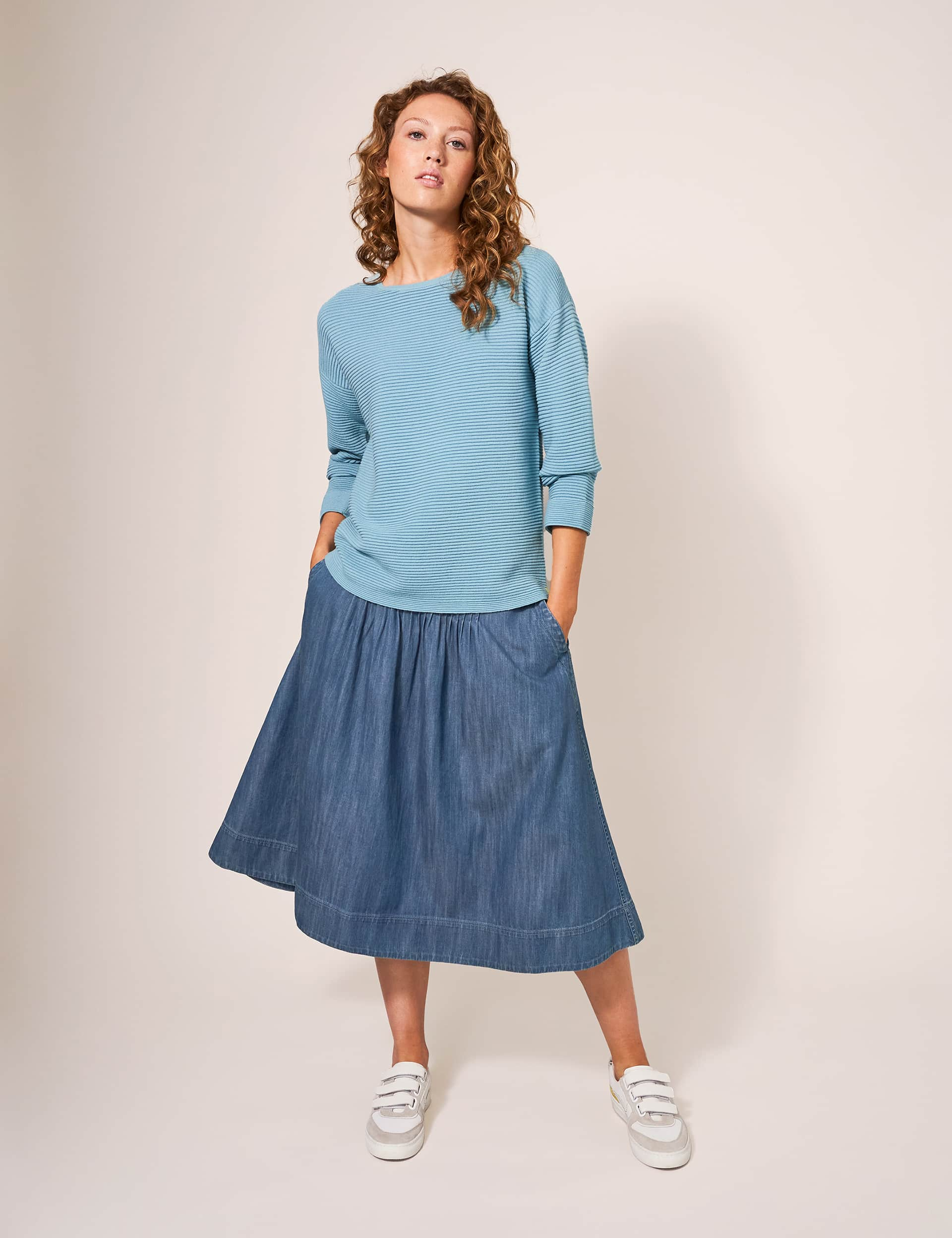 White Stuff Women's Denim Pleat Front Midi Skirt - 10 - Med Blue Denim, Med Blue Denim