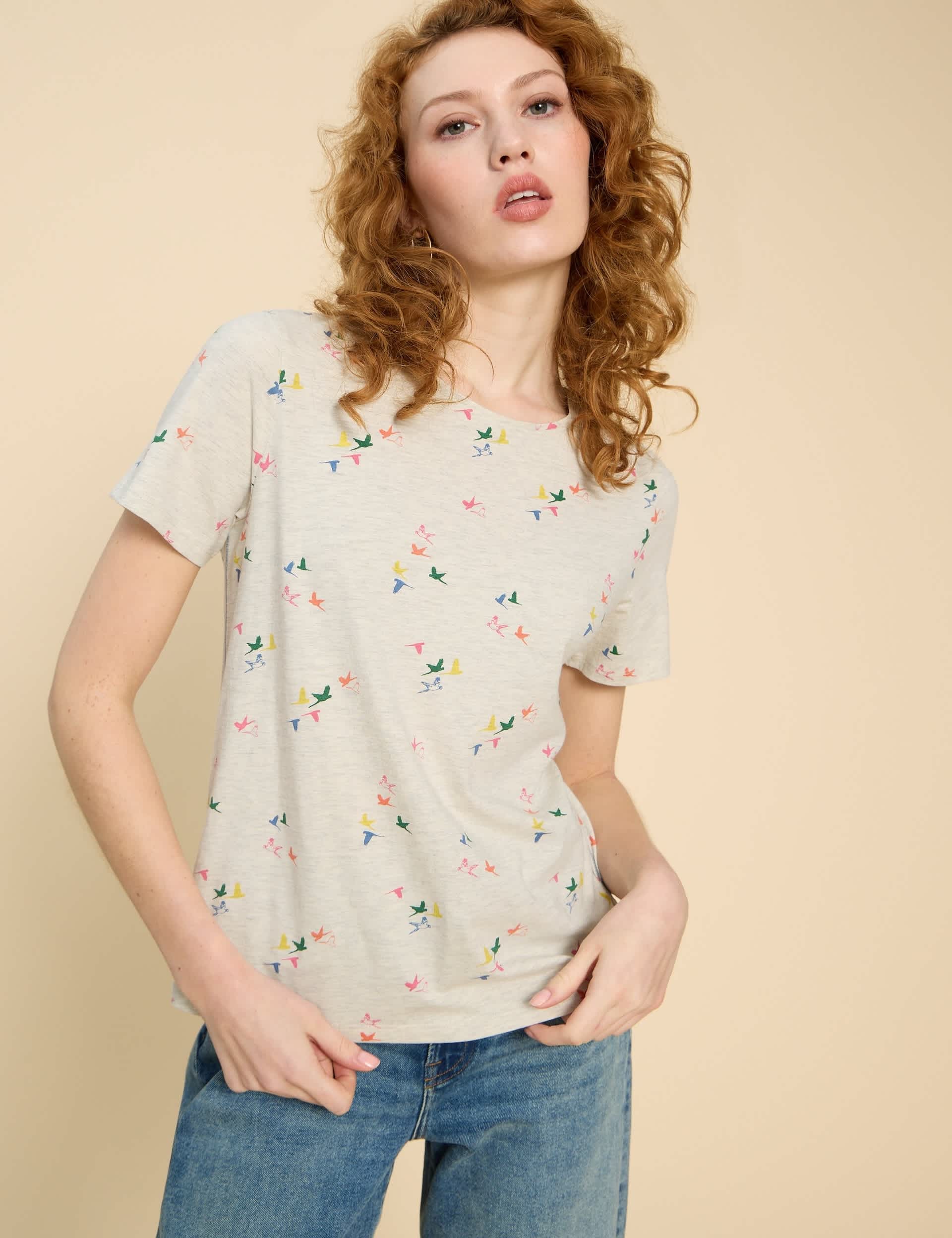 White Stuff Women's Pure Cotton Bird Print T-Shirt - 18 - Natural Mix, Natural Mix