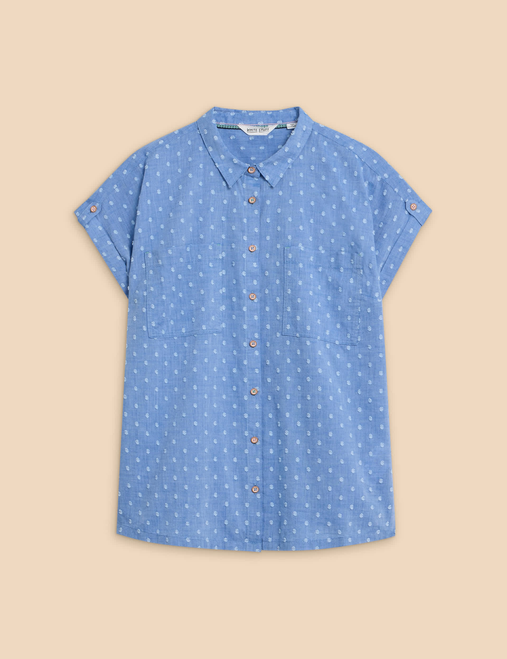 White Stuff Women's Pure Cotton Polka Dot Collared Cap Sleeve Shirt - 12 - Blue Mix, Blue Mix