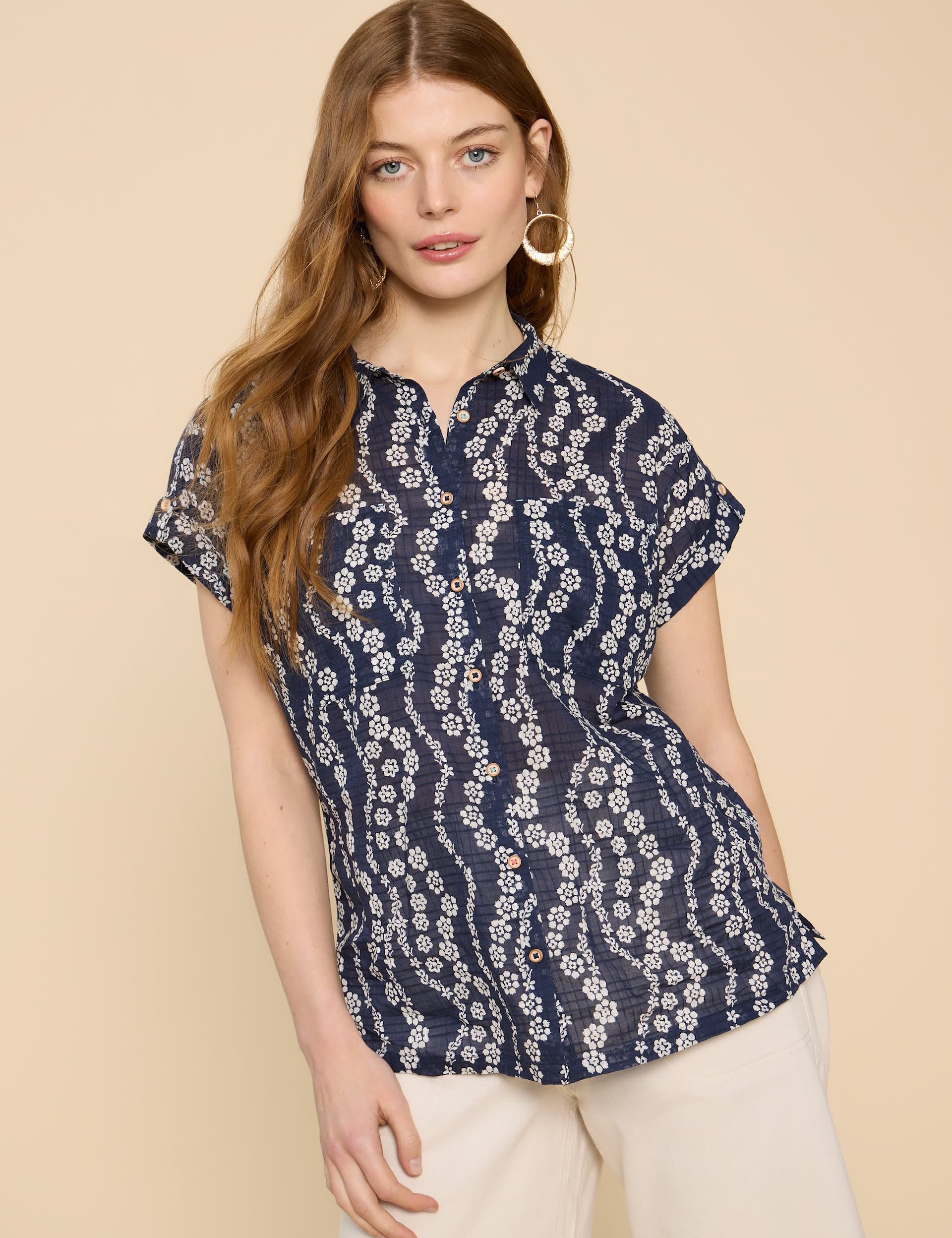 White Stuff Women's Pure Cotton Floral Collared Cap Sleeve Shirt