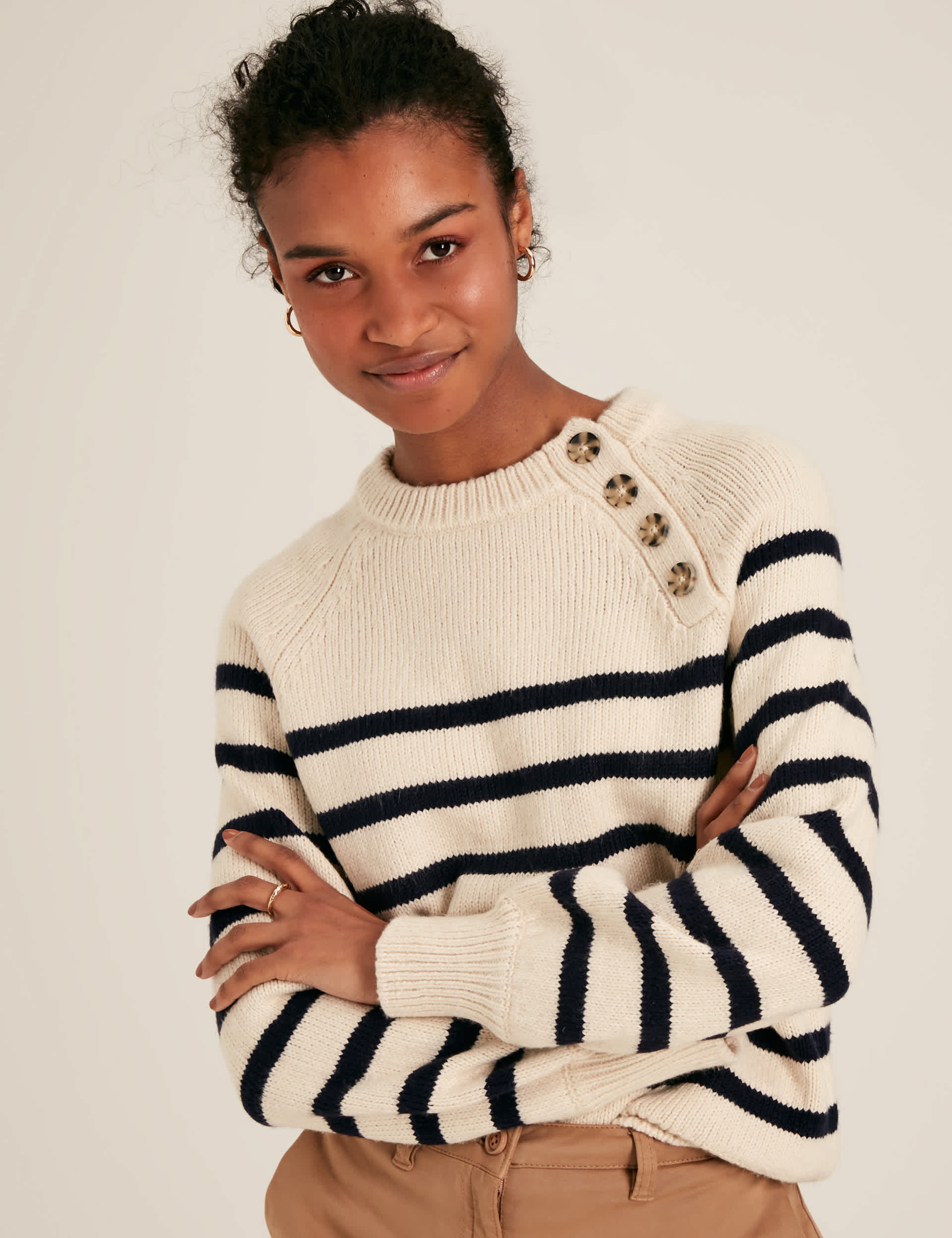 Joules Women's Cotton Rich Striped Crew Neck Jumper - 8 - Cream Mix, Cream Mix